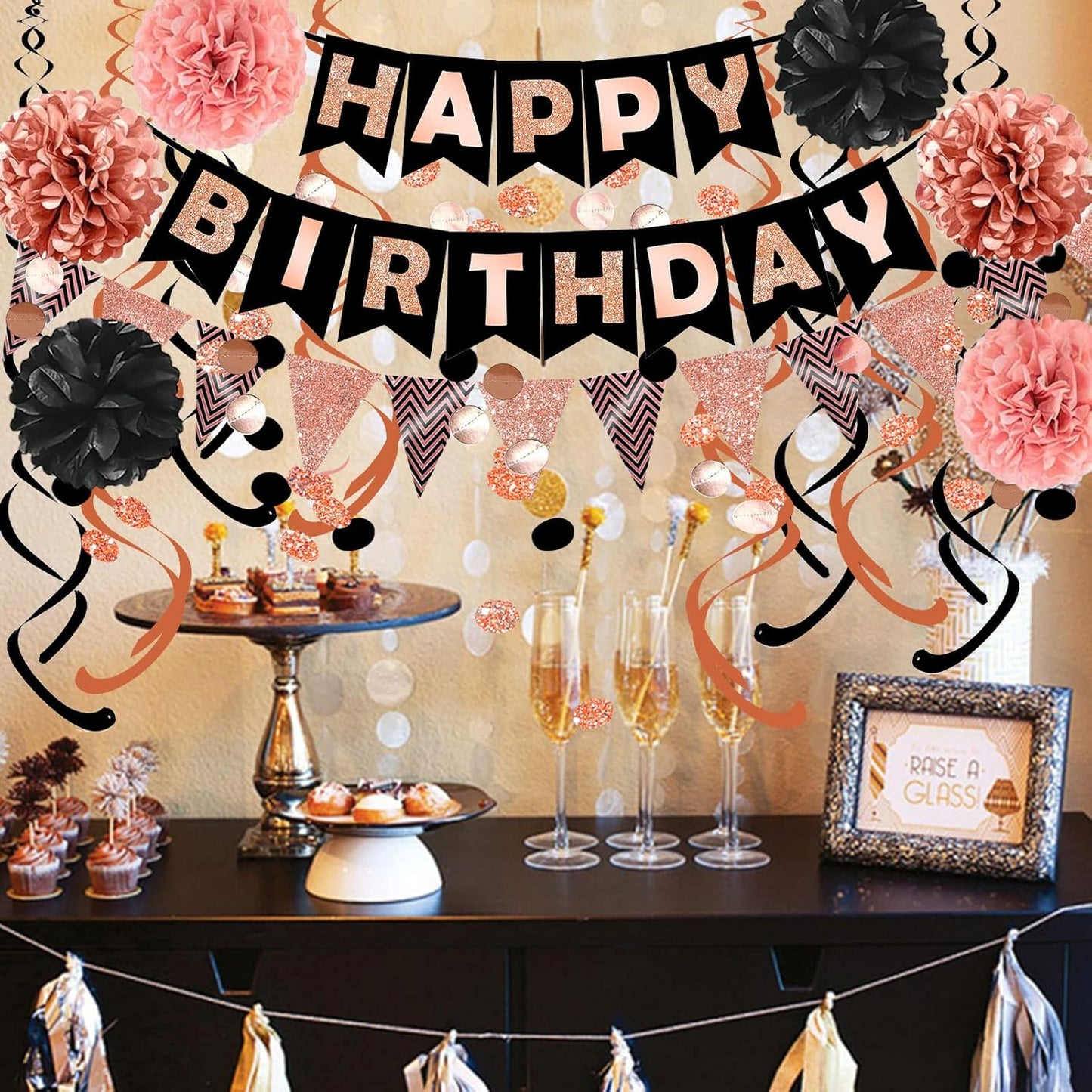 FECEDY Rose Gold Theme Happy Birthday Banner Flag Bunting Paper Circle Confetti Garland Swirl Streamers Honeycomb Ball for Birthday Party Decoration