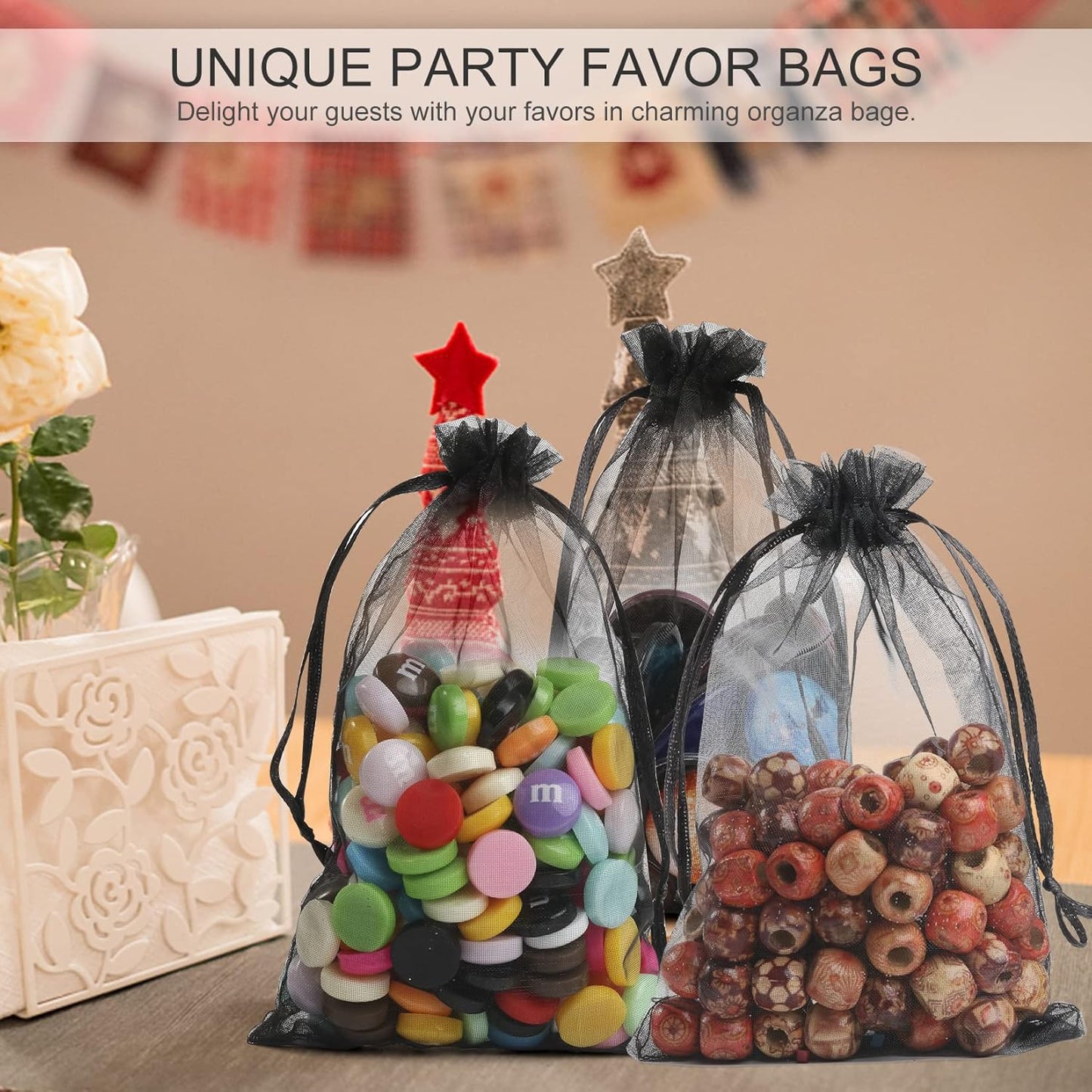ANZNKU 100 Pack Premium Organza Bags, Black Drawstring Wedding Favor, 4x6 Inches Small Mesh for Halloween, Jewelry, Party, Christmas - Sheer Gift