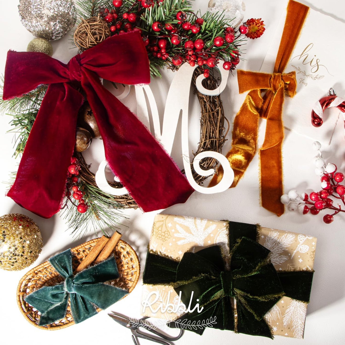 Ribbli Dark Moss Velvet Ribbon 1.5 Inch Handmade Frayed Vintage Christmas Ribbon for Gift Wrapping Christmas Tree Ornament Wreath Craft Home Decor -Total 3 Yards with Wooden Spool