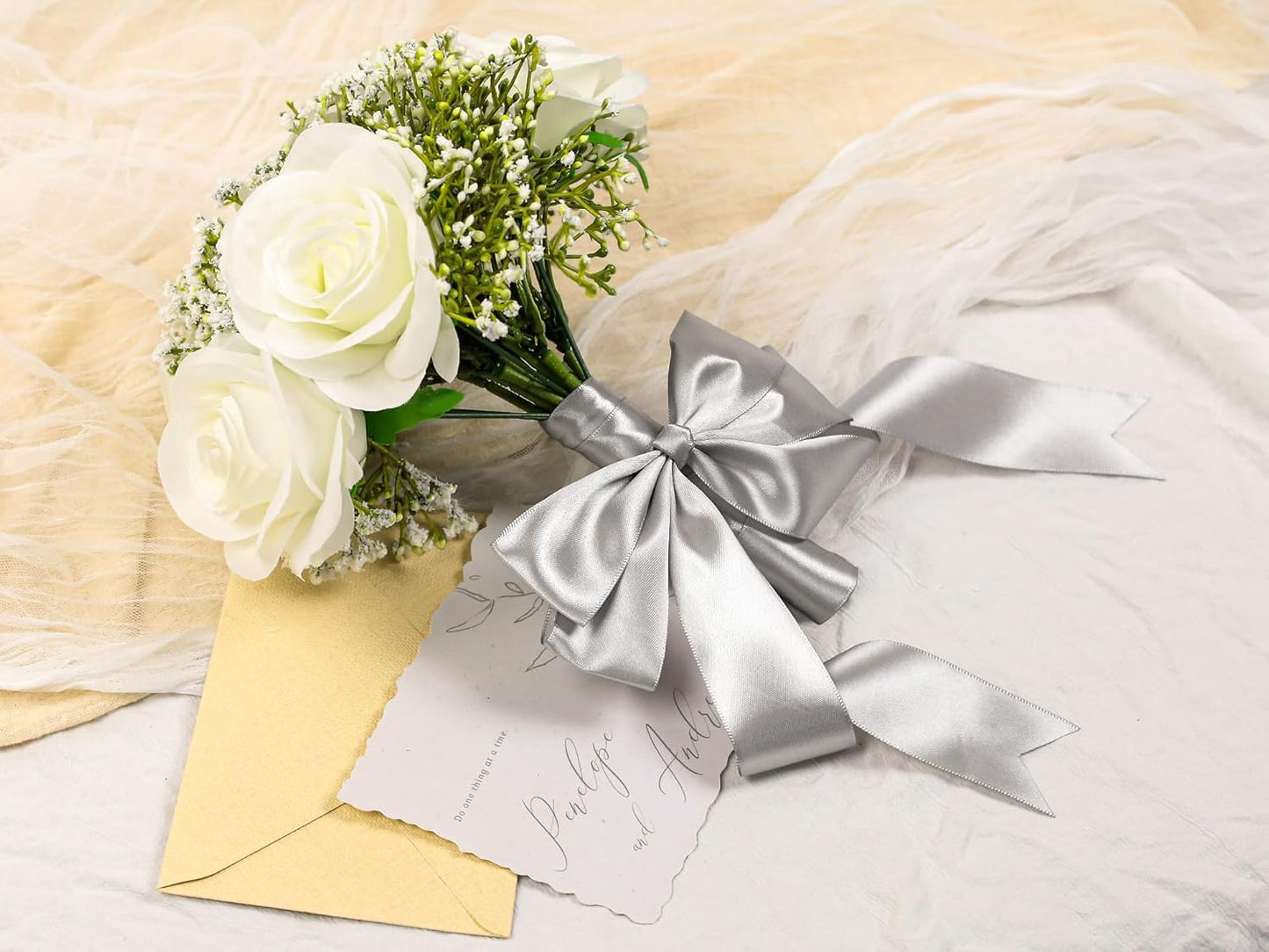 Silver Satin Ribbon 1-1/2 inch X Continuous 100 Yards, Single Face Polyester Ribbon Perfect for Gift Wrapping, Flower Bouquet, Wedding Decor, Crafts, Bow Making, Sewing and More