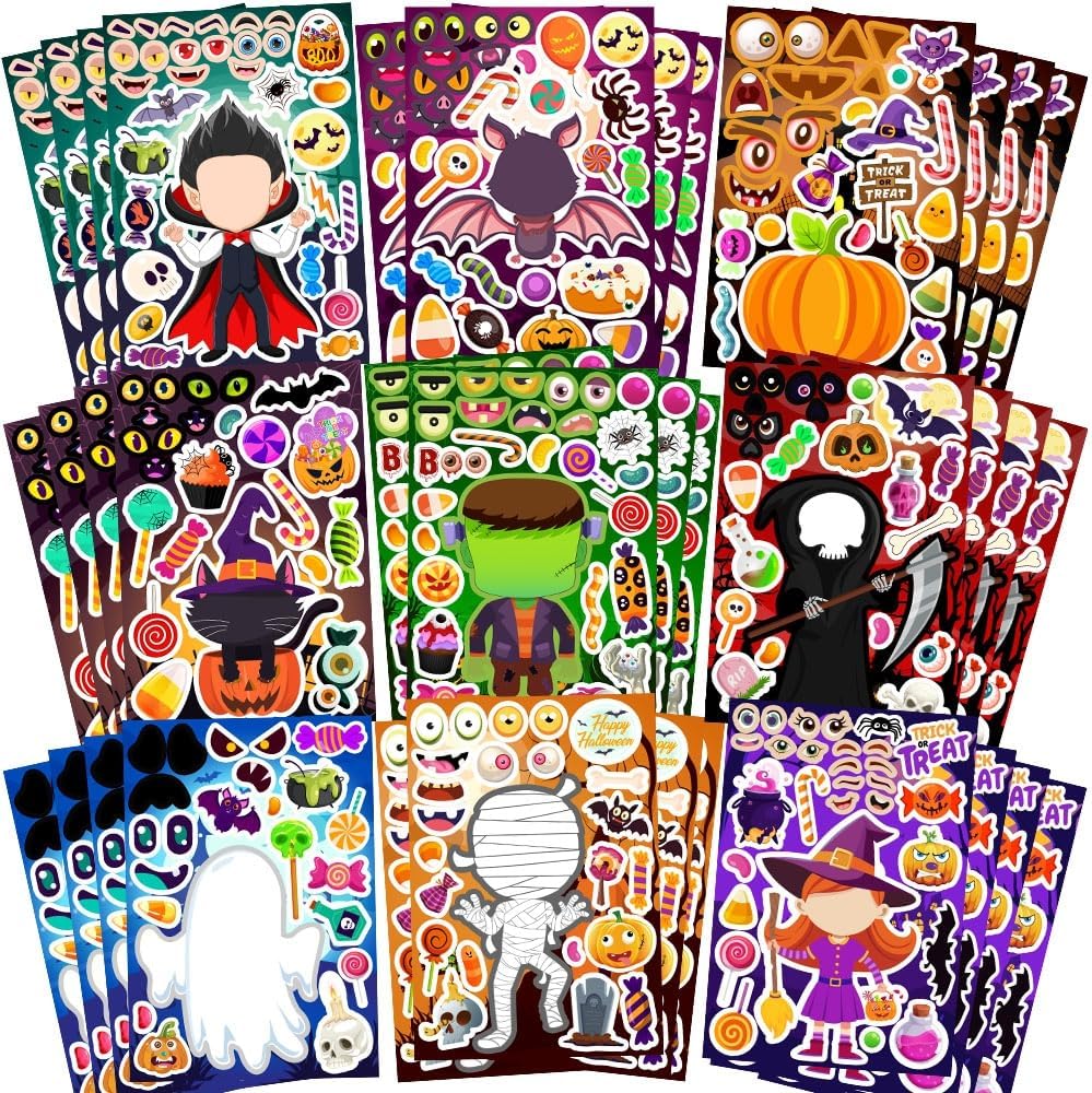 36 Sheets Halloween Stickers for Kids, Make Your Own Halloween Stickers, Halloween Party Games Stickers, Halloween Party Favors DIY Crafts Trick or Treat Party Supplies