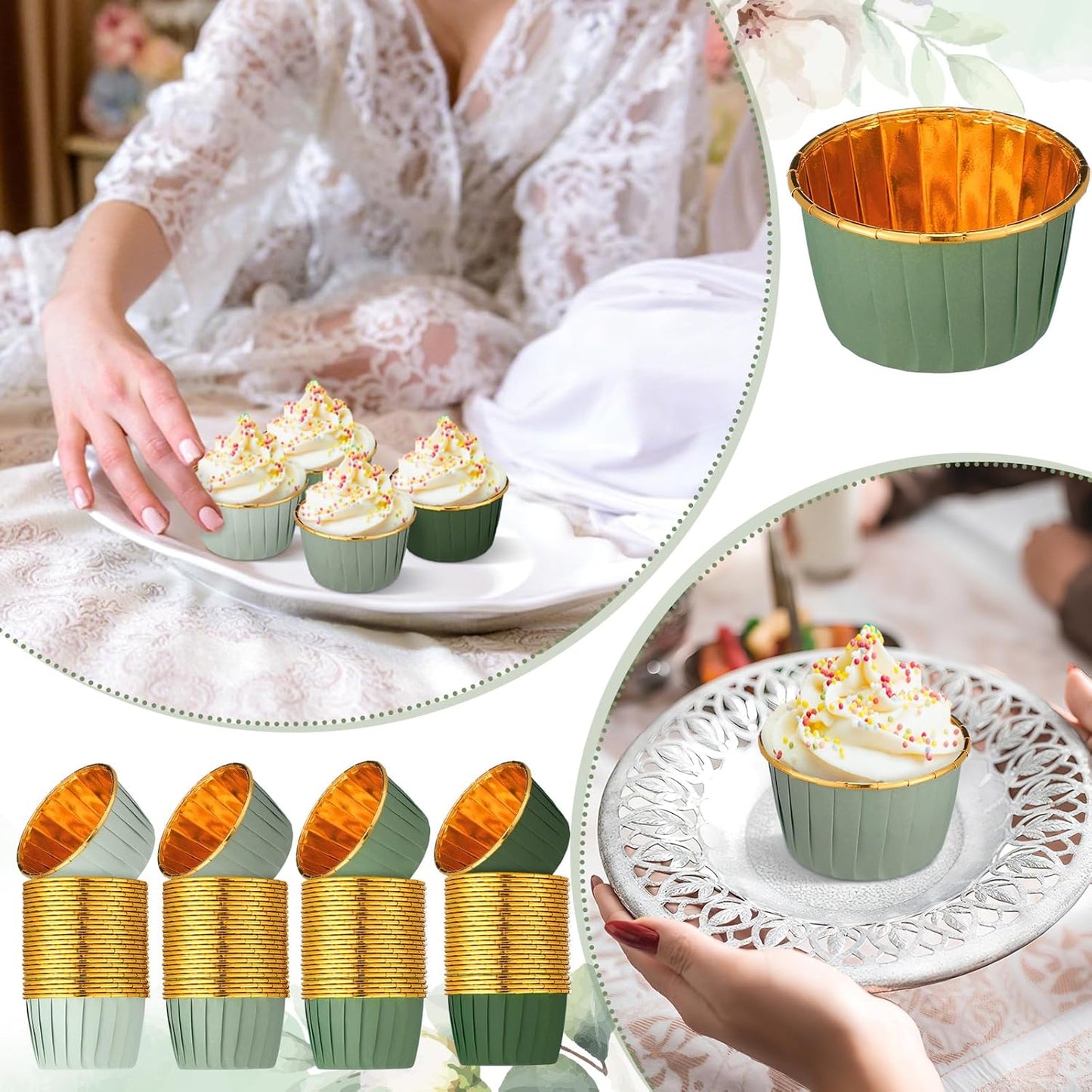 Geiserailie 100 Pcs Sage Green Cupcake Liners Gradient Green Cupcake Foil Wrappers Snack Bowls for Parties Wedding Bridal Shower Birthday Supplies