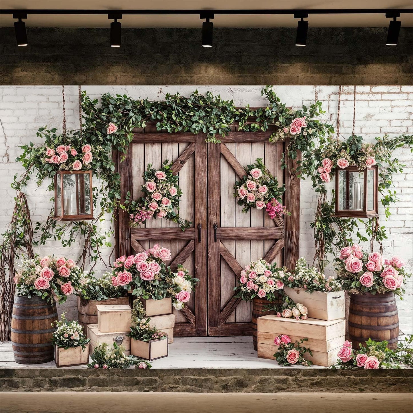 9x6ft Country Wedding Photography Backdrop Floral Rustic Roses Farmhouse Wooden Door Backdrop Pink Flower Birthday Baby Shower Wedding Bridal Party Banner Photo Booth Props Anniversary Background