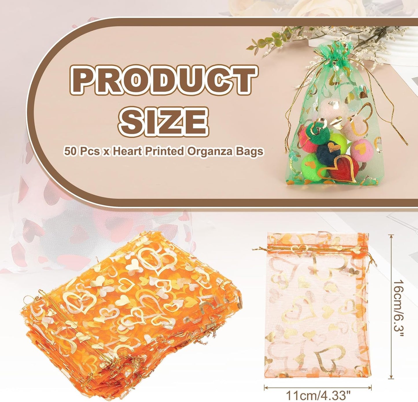 PATIKIL 50 Pcs 4x6 Inch Heart Printed Organza Bags, Orange Sheer Heart Organza Bags with Drawstring for Christmas Candy Jewelry Party Wedding Favor Gift