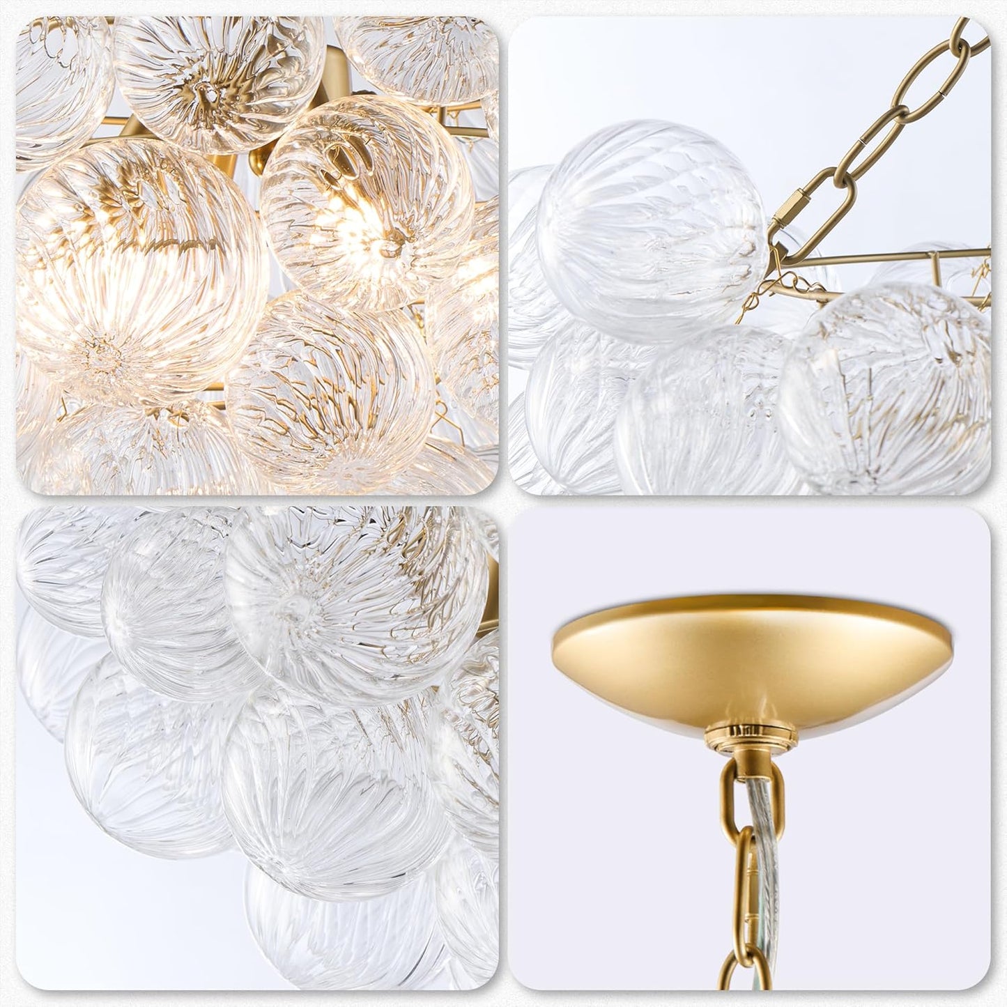 Nordic Bubble Ball Swirled Glass Chandelier, Diam 24 inch Gild Gold and Clear Blown Glass Hanging Pendant Light Fixture for Bedroom Study Restaurant