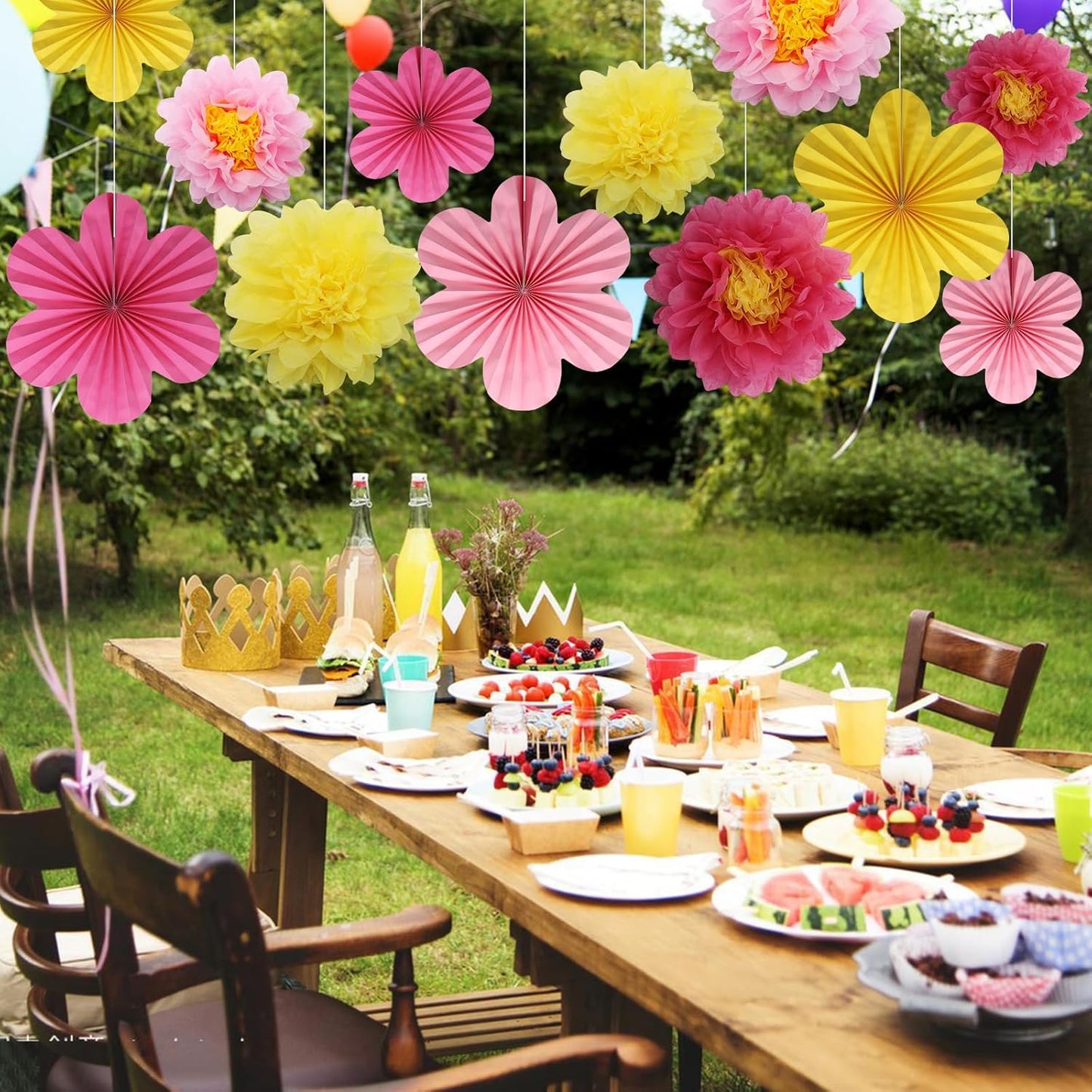 BestoFun 12PCS Paper Flowers Fans Hot Pink Yellow Party Decorations Tissue Paper Flowers Decorations for Girl Groovy Birthday Baby Shower Wedding Bachelorette Room Wall Hanging Décor