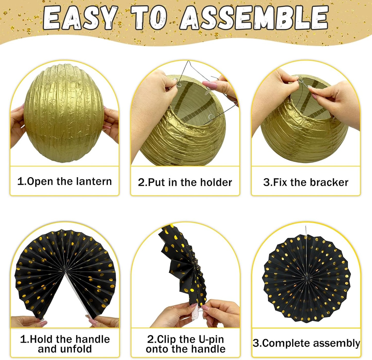 14Pcs Black and Gold Party Decorations, Hanging Paper Lanterns Fans Tissue Flower Pom Poms for Men Birthday Graduation Retirement New Years Decorations New Years Eve Party Supplies 2026