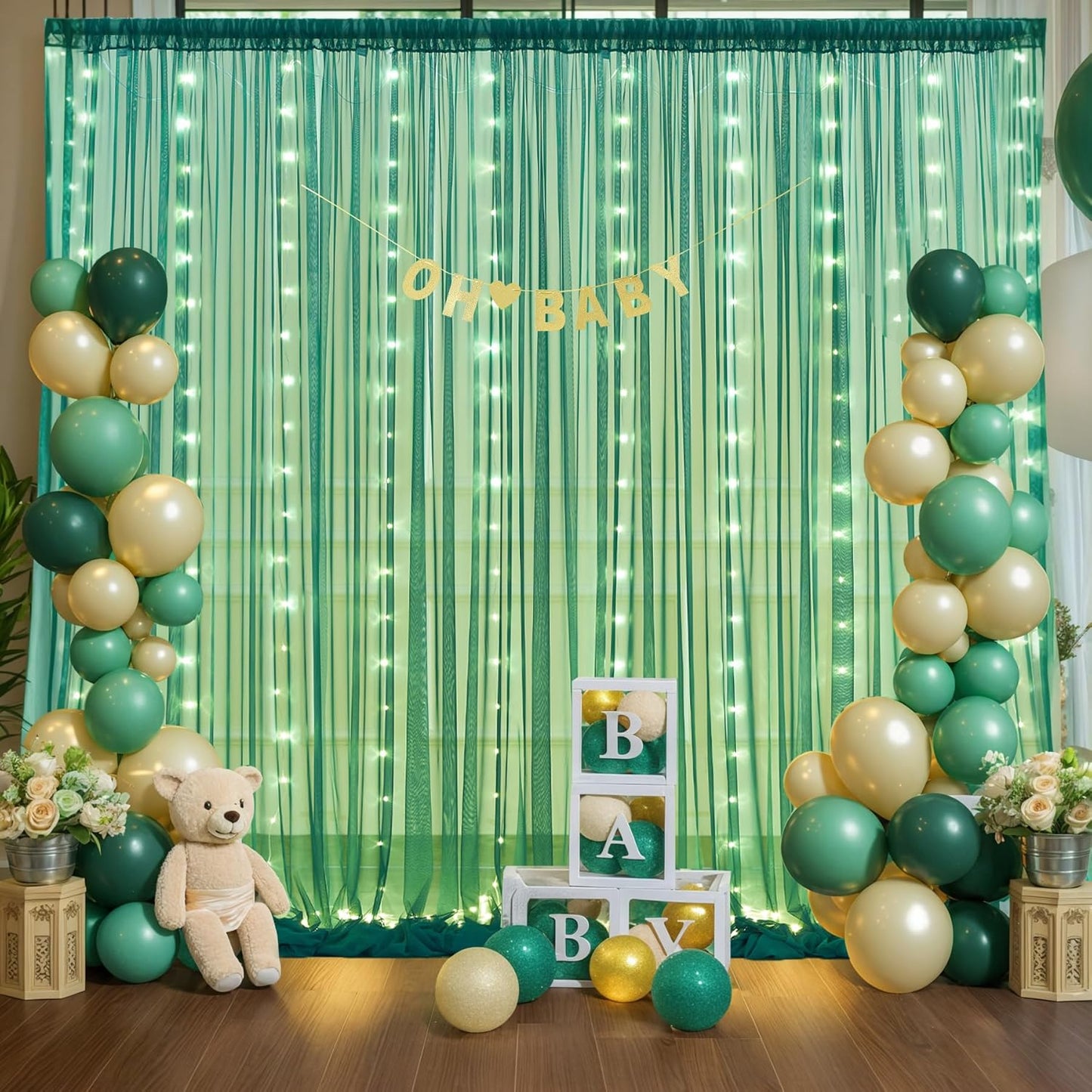Hunter Green Tulle Backdrop Curtains with Lights String for Parites 10x10ft Sheer Backdrop Curtains Drapes for Birthday Party Bridal Shower Baby Shower Photo Booth Background Decorations
