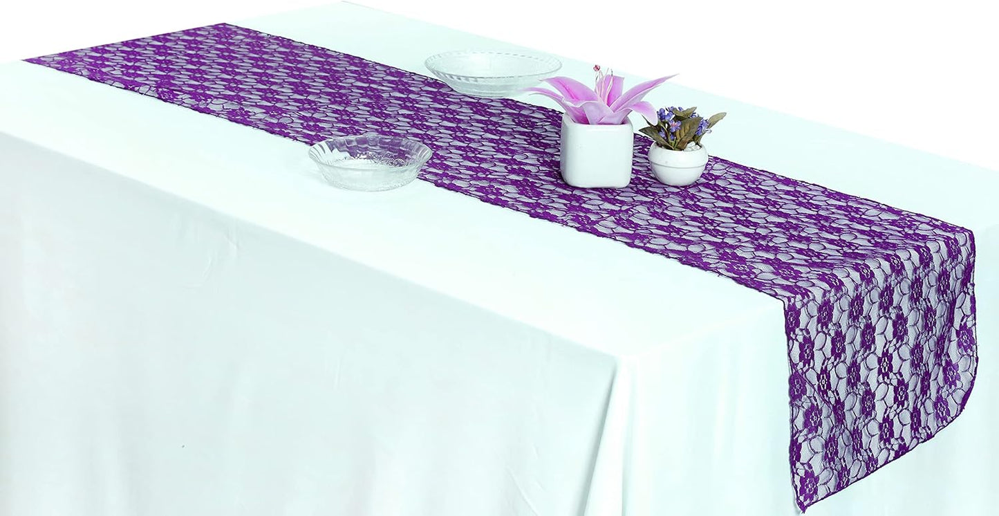 MDS Pack of 20 Wedding 12 x 108 inches Lace Table Runner for Wedding, Decorations for Birthday Parties, Banquets, Graduations, Engagements, and Runners fit Rectangle, Round Table- Cadbury Purple