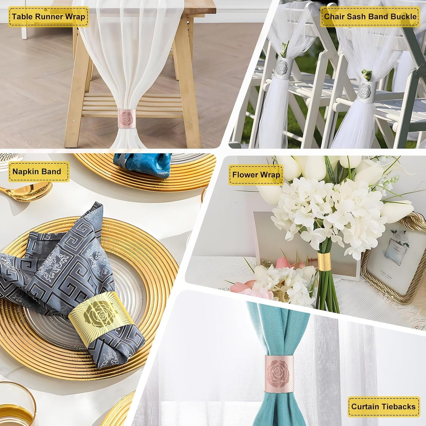 Polymer Material Reusable Napkin Band, Glue-Free Tear-Proof Water Resistant Oil-Proof Napkin Bands Set of 200(Assorted 4 Front Colors and Back Silver), 6 Adjustable Sizes Napkin Rings