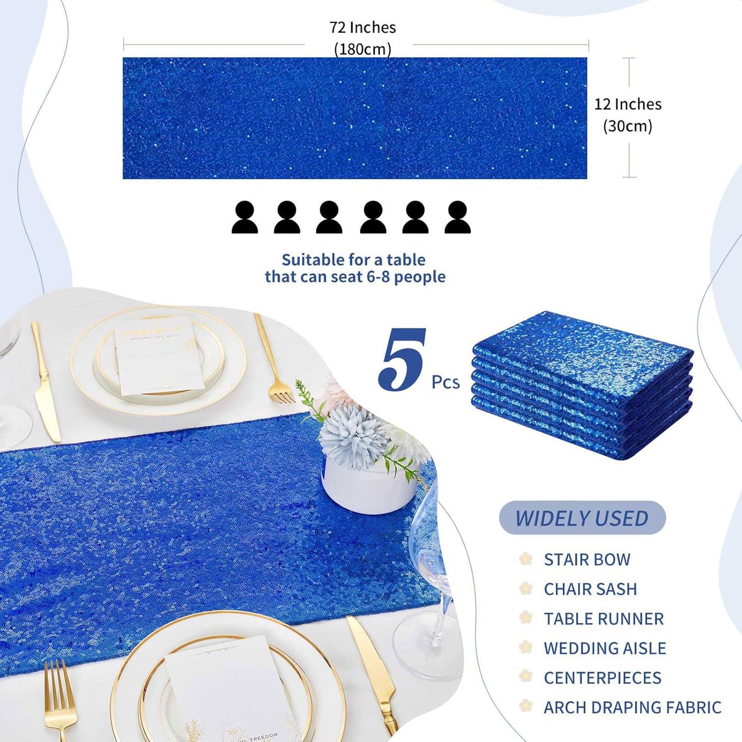Sequin Table Runners 5 Pieces Royal Blue Table Runners 12x72 Inch Glitter Dining Table Cover for Party Wedding Birthday Reception Banquet Decoration Spring Party Chair Sashes