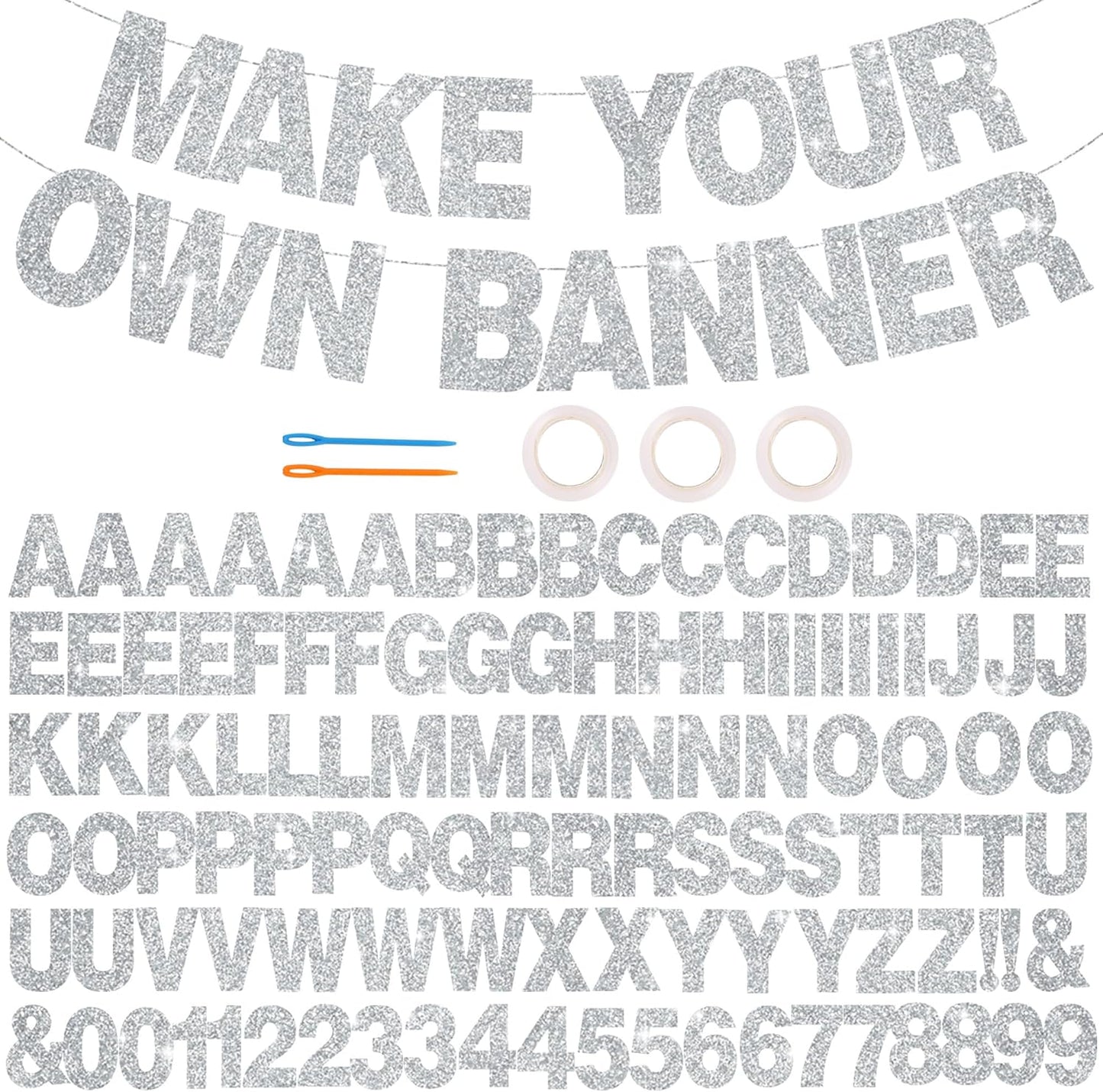 BEISHIDA 116 PCS A-Z Glitter Silver DIY Letter Banner Kit Make Your Own Banner，Including 111 Letters and Numbers 3 Rope and 2 Threading Device,Customized for Birthday Graduation Wedding Party Decor