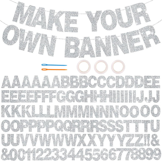 BEISHIDA 116 PCS A-Z Glitter Silver DIY Letter Banner Kit Make Your Own Banner，Including 111 Letters and Numbers 3 Rope and 2 Threading Device,Customized for Birthday Graduation Wedding Party Decor