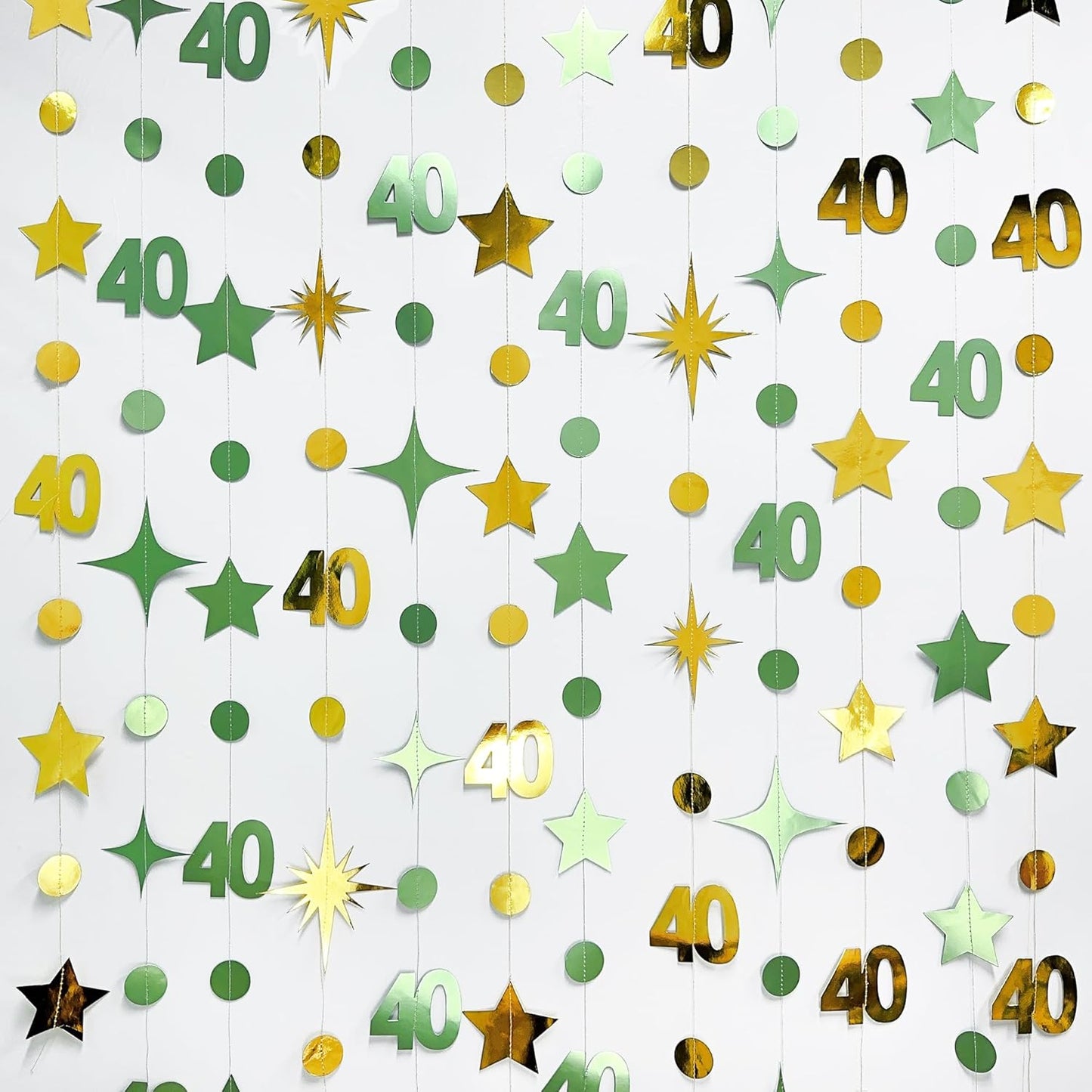 Sage Green Gold 40th Birthday Decorations Number 40 Circle Dot Twinkle Star Garland Streamer Banner Backdrop for Women Mens Cheers to 40 Years Old Birthday Happy 40th Anniversary Party Supplies