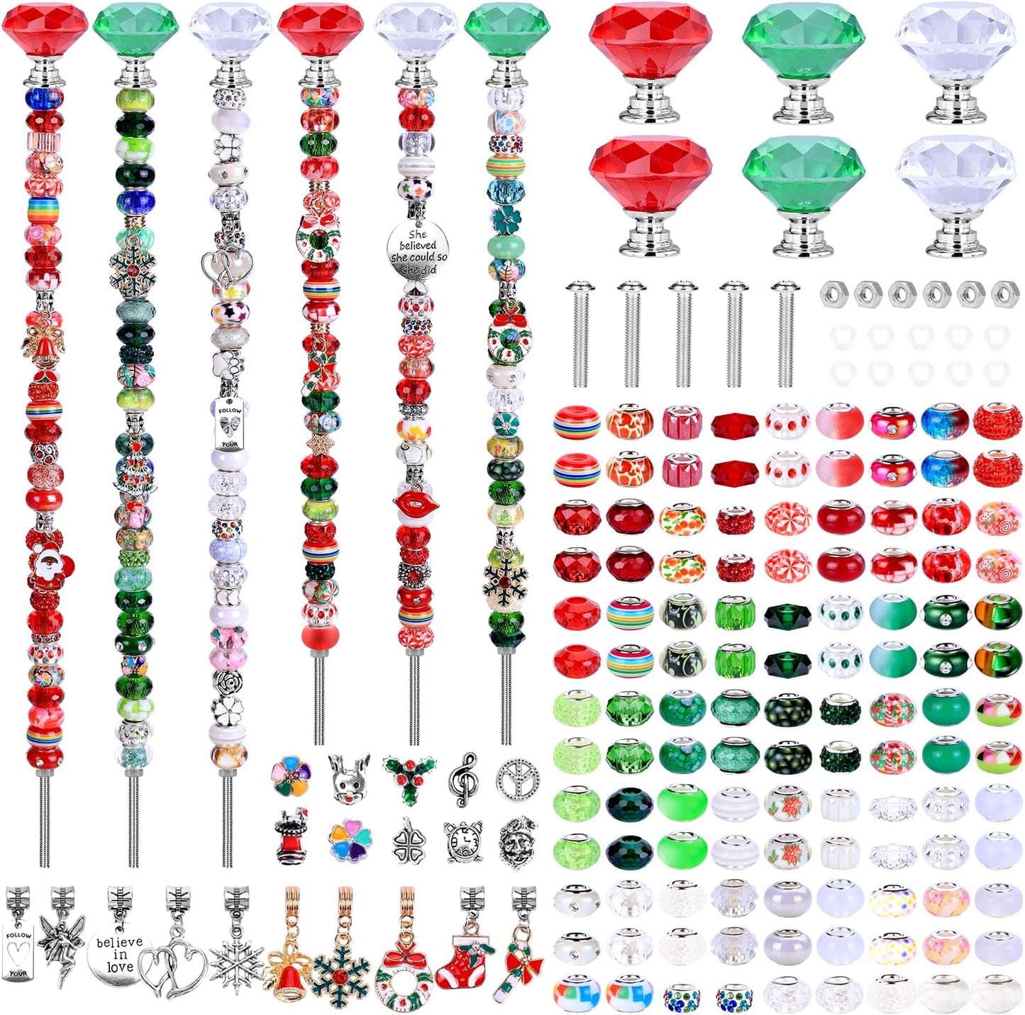 DIY Fairy Wand Garden Beads Stakes Wands Kit,Multiple Color Scheme European Beads Crystal Diamond Tops and 12 or 10 Inch Threaded Rods,Stainless Steel Stakes with Diamond Toppe(red+green+white)