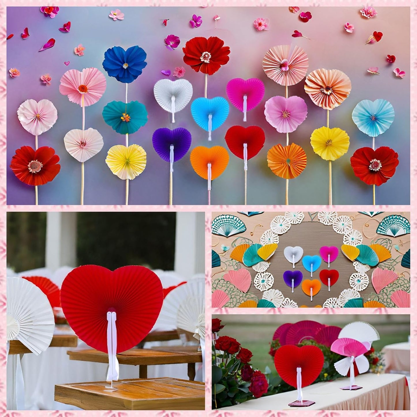 12 Packs Decorative Paper Folding Hand Fans Handheld,Red Heart Foldable Wedding Fans Chinese and Japanese Fans Bulk for Bridal Guest Church Party Favors Dancing Birthday DIY