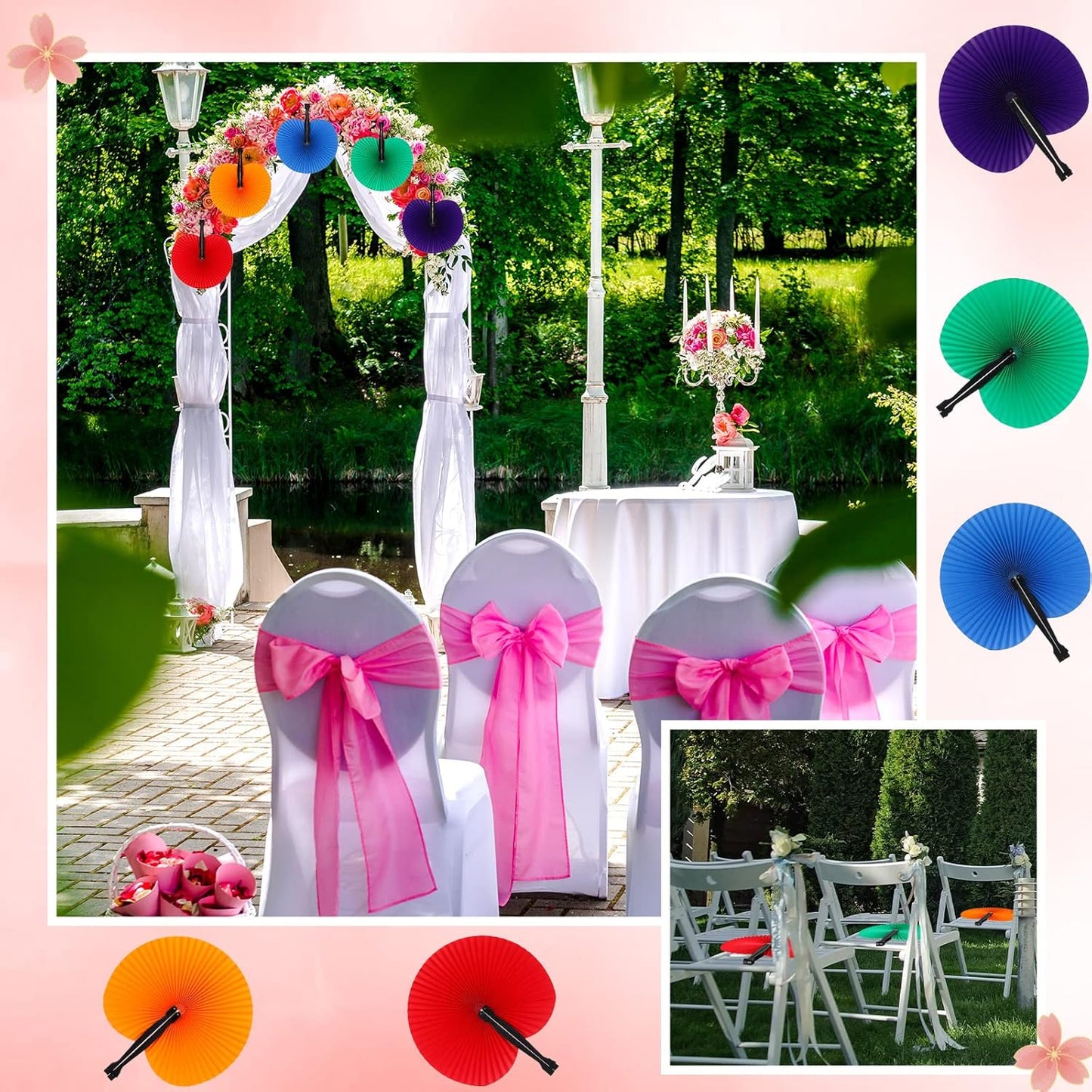 Handepo 200 Pieces Wedding Fans Folding Paper Fans Paper Fans Round Shaped Folding Fans Handheld Fan with Plastic Handle for Wedding Celebration Birthday Party Favor (Bright Colors)