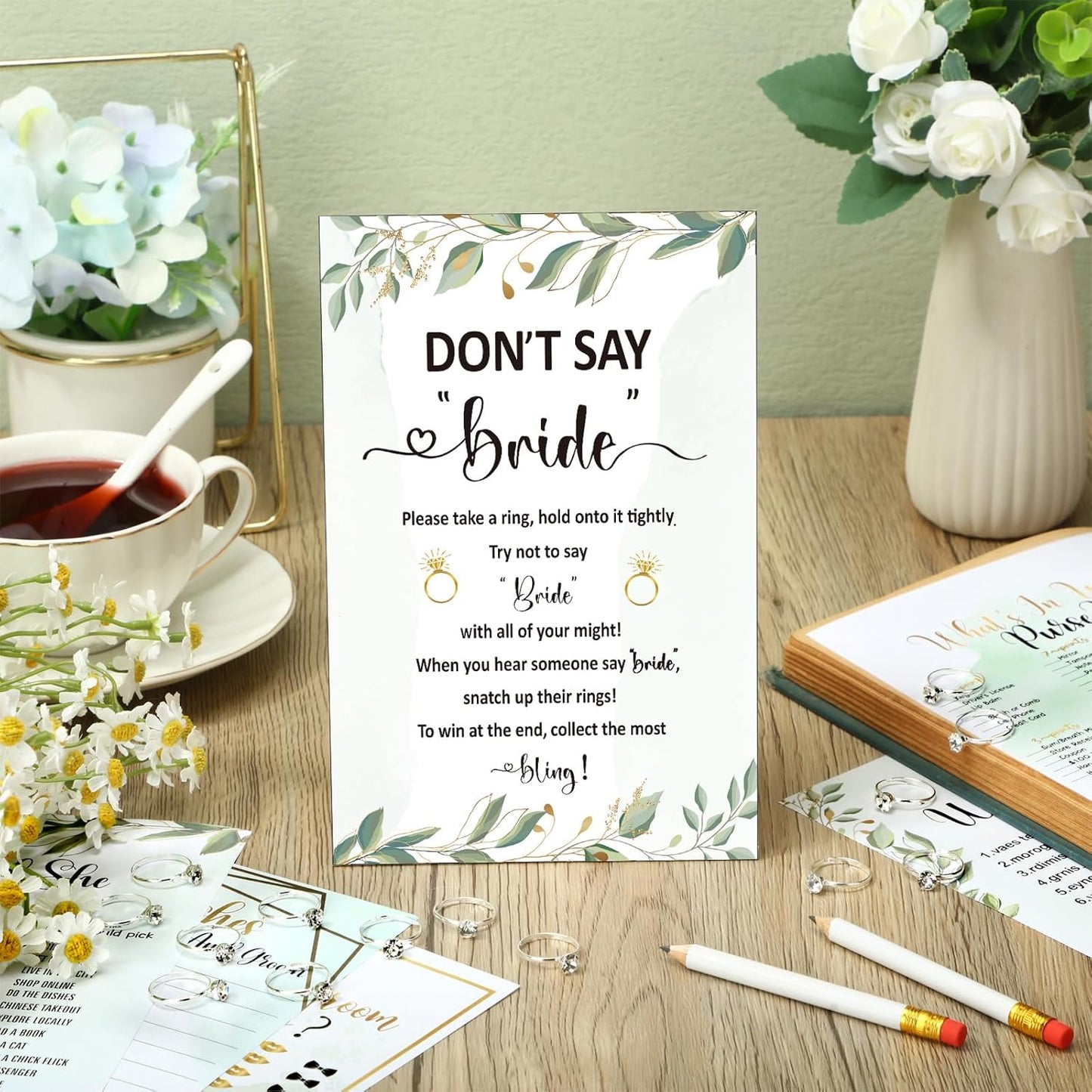 Estune 331 Pcs Bridal Shower Games Supplies, 5 Sets 250 Pcs Wedding Cards 1 Put a Ring on It Bridal Shower Games with 60 Rings and 20 Pencils(Green Leaves)