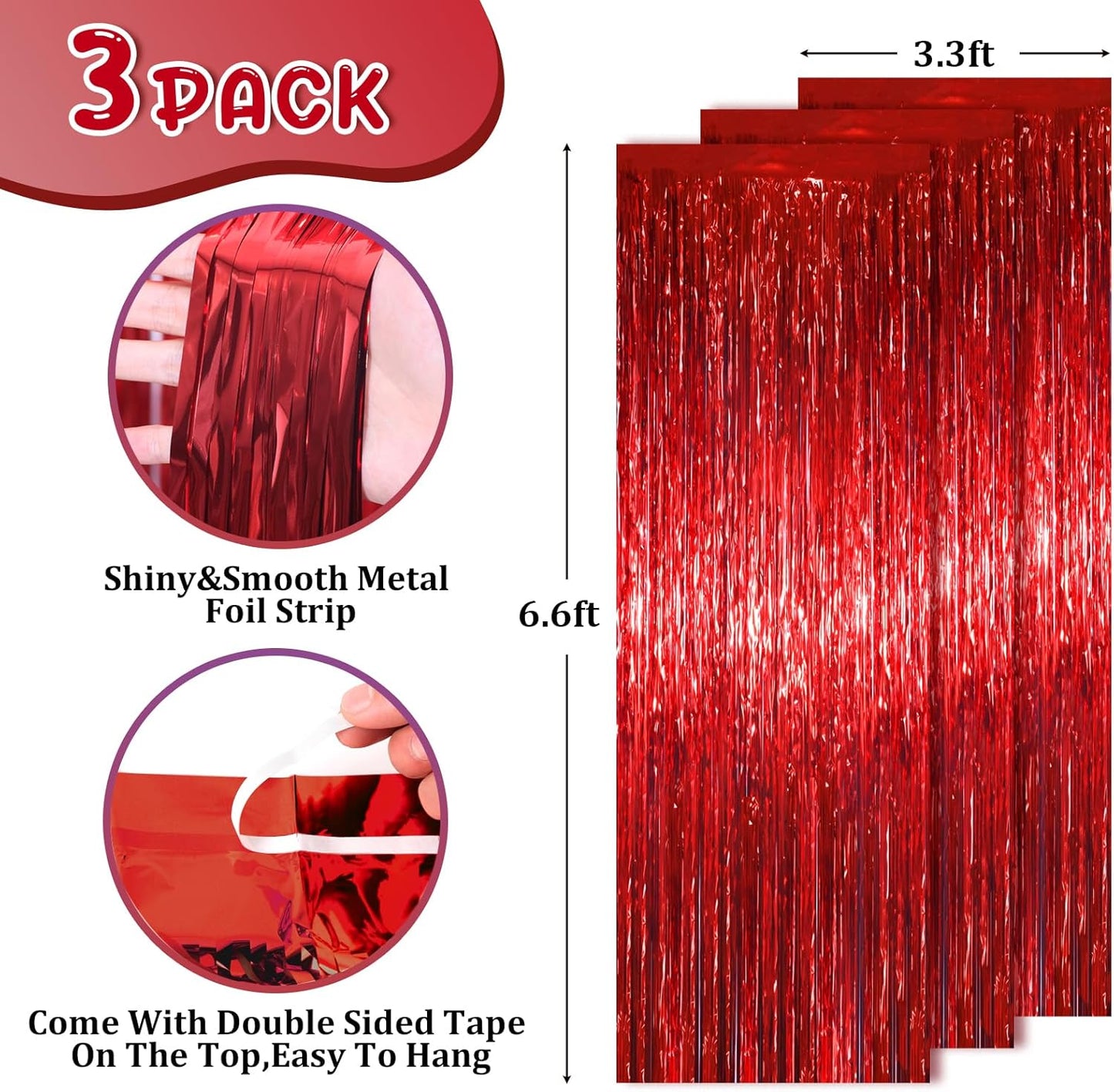 3 Pack 3.3 x 6.6 ft Red Foil Fringe Backdrop Curtains, Tinsel Streamers Party Decorations, Fringe Backdrop for Birthday, Baby Shower, Gender Reveal, Graduation