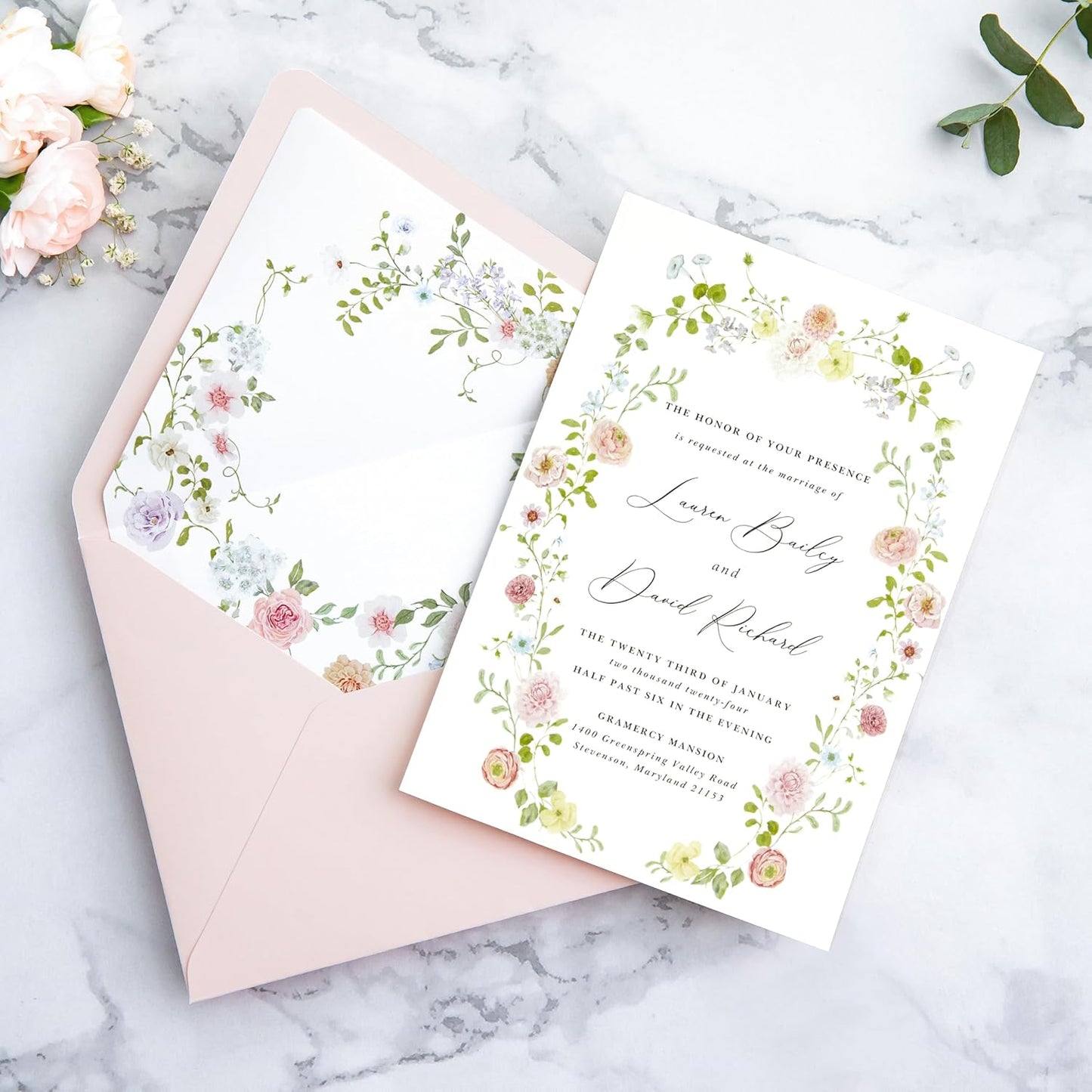 PONATIA 50PCS A7 Euro Flap Envelopes, 5.25 x 7.25'' Blush Pink Flowers Liner Envelopes for 5x7 Wedding Invitations, Photos, Postcards, Greeting Cards, Christmas Gift Cards, Acrylic Mailing