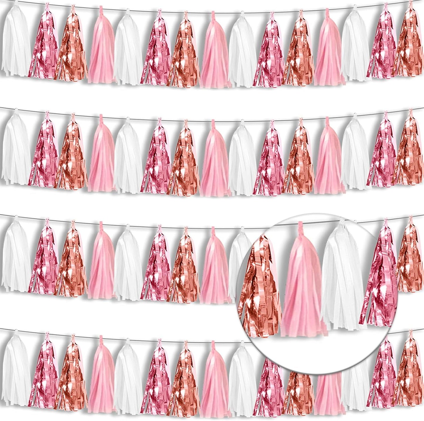 4P Rose-Gold Pink White Foil Fringe Tassel Banner Garland Metallic Tinsel Streamers Wall Hanging Curtain Backdrop for Parade Floats, Graduation 2024, Wedding, Birthday, Retirement Party Decorations
