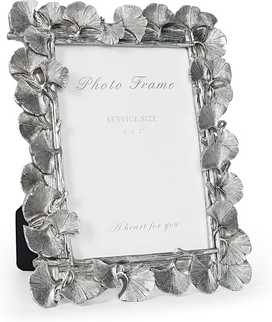 Cuspin Silver 5x7 Picture Frame, Vintage Silver Ornate Leaf Textured Hand-Crafted Resin Frames with Glass Front, Antique Photo Frame for Tabletop Display, Retro Design Home Decor