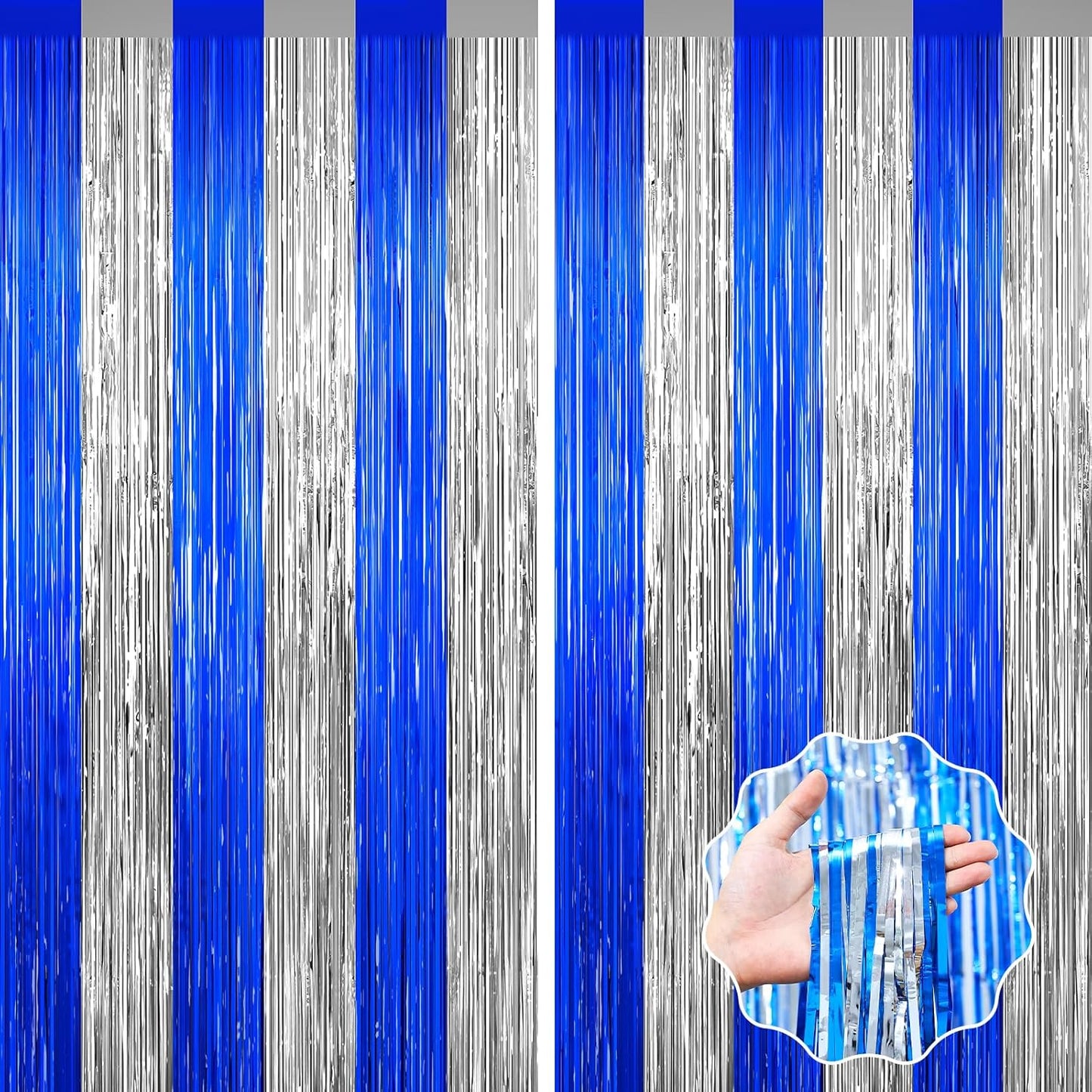 Silver and Blue Tinsel Backdrop Foil Fringe Curtains, 2Pack Birthday Door Decorations Photo Backdrop, Party Streamers Supplies for Bachelorette, Graduation, Christmas, Disco Decor New Year Decorations