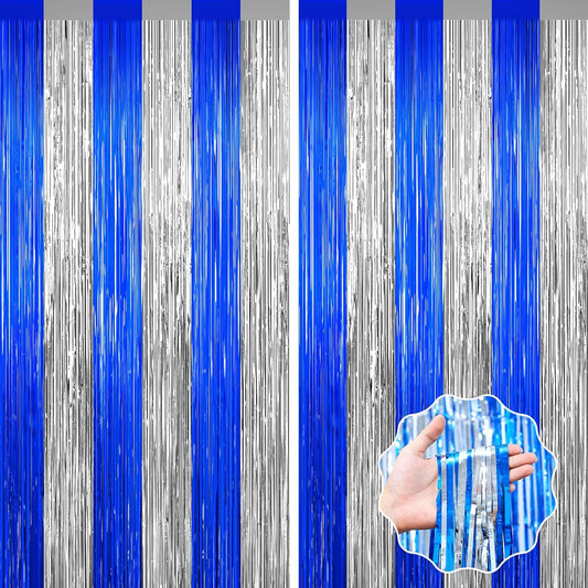 Silver and Blue Tinsel Backdrop Foil Fringe Curtains, 2Pack Birthday Door Decorations Photo Backdrop, Party Streamers Supplies for Bachelorette, Graduation, Christmas, Disco Decor New Year Decorations