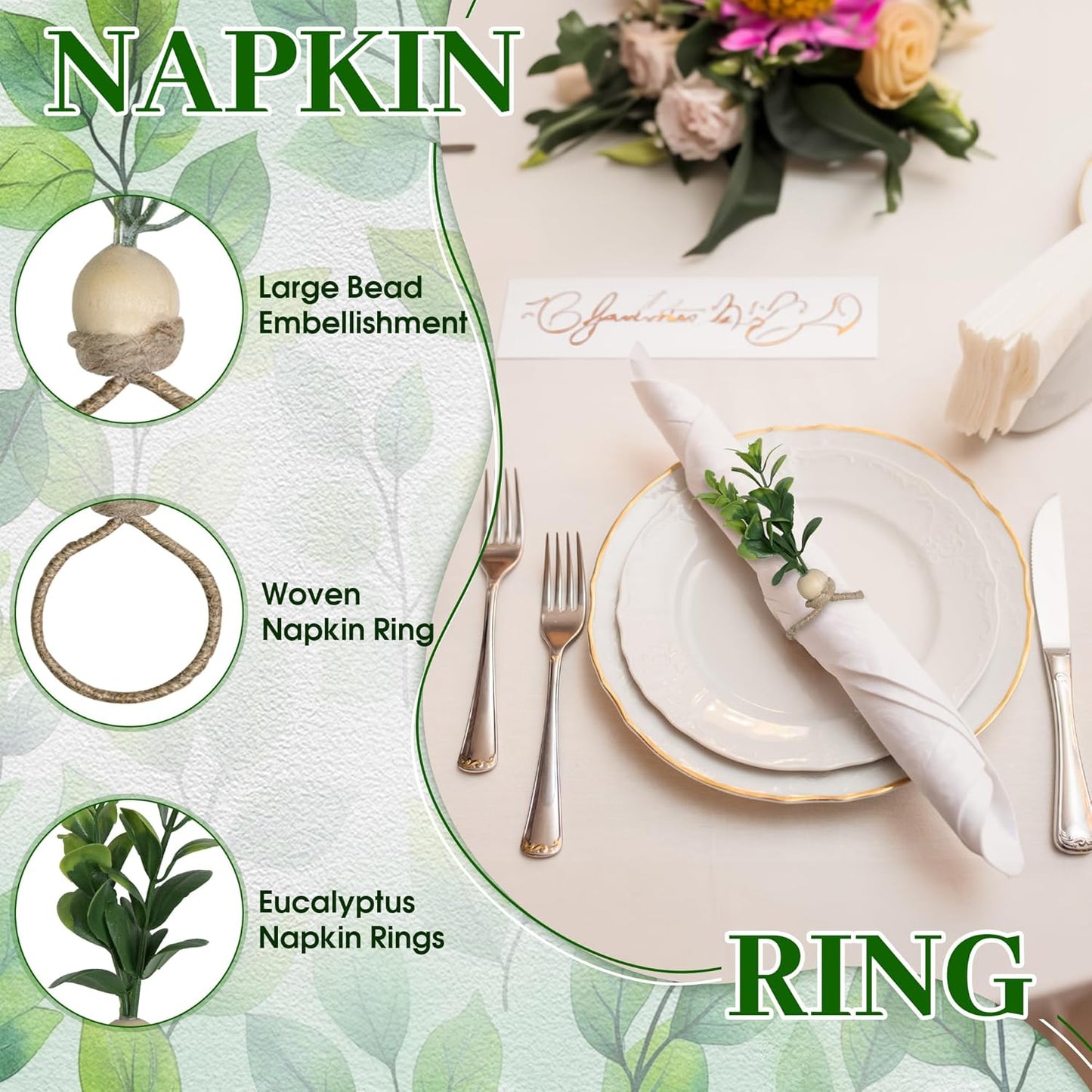 MAOANME Napkin Rings Set of 12, Rustic Eucalyptus Napkin Holder Rings with Wood Bead, Farmhouse Green Leaf Napkin Ring Bulk, Boho Napkin Ring for Wedding, Table Decor