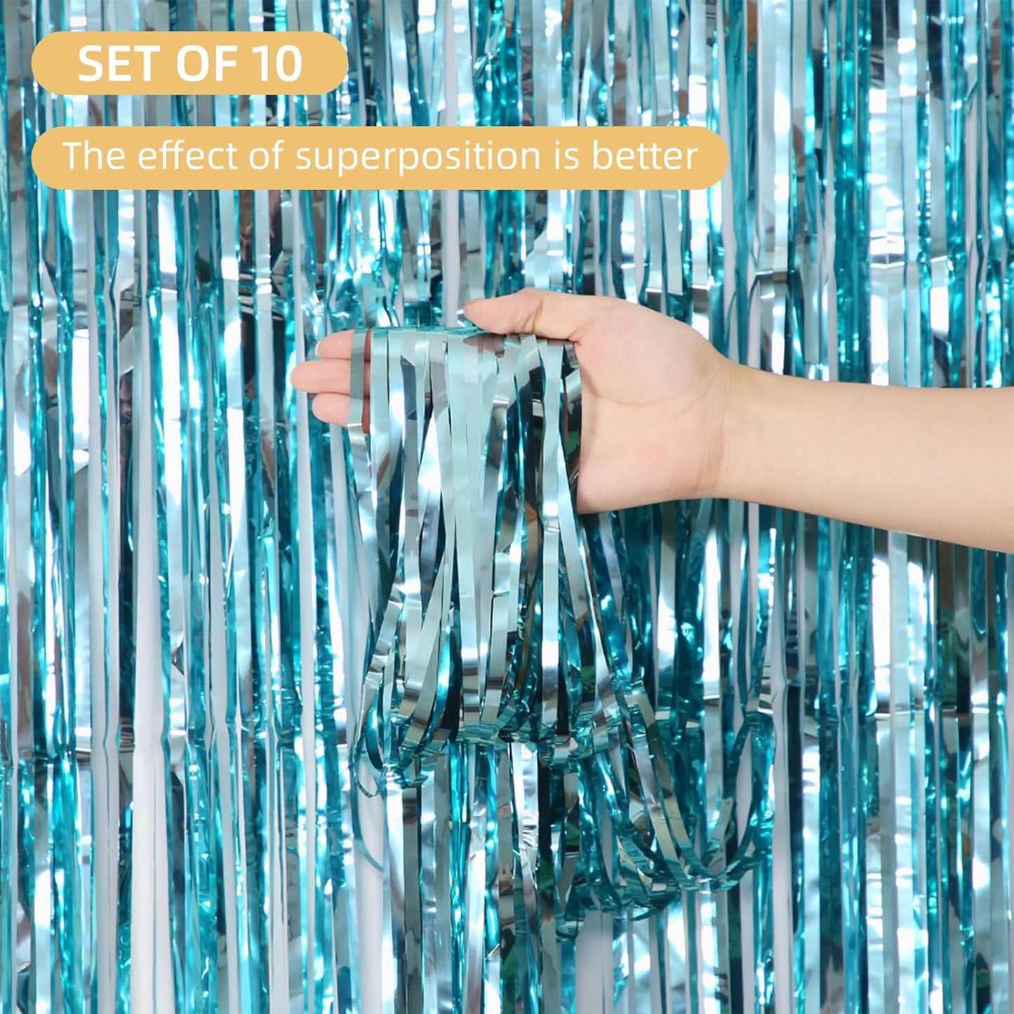 10 Pack Blue Foil Curtain Backdrop 3.2ft x 9.8ft Metallic Tinsel Foil Fringe Curtains Streamer Photo Booth Backdrop for Birthday Party Engagement Bachelorette Party Decorations (Light Blue)