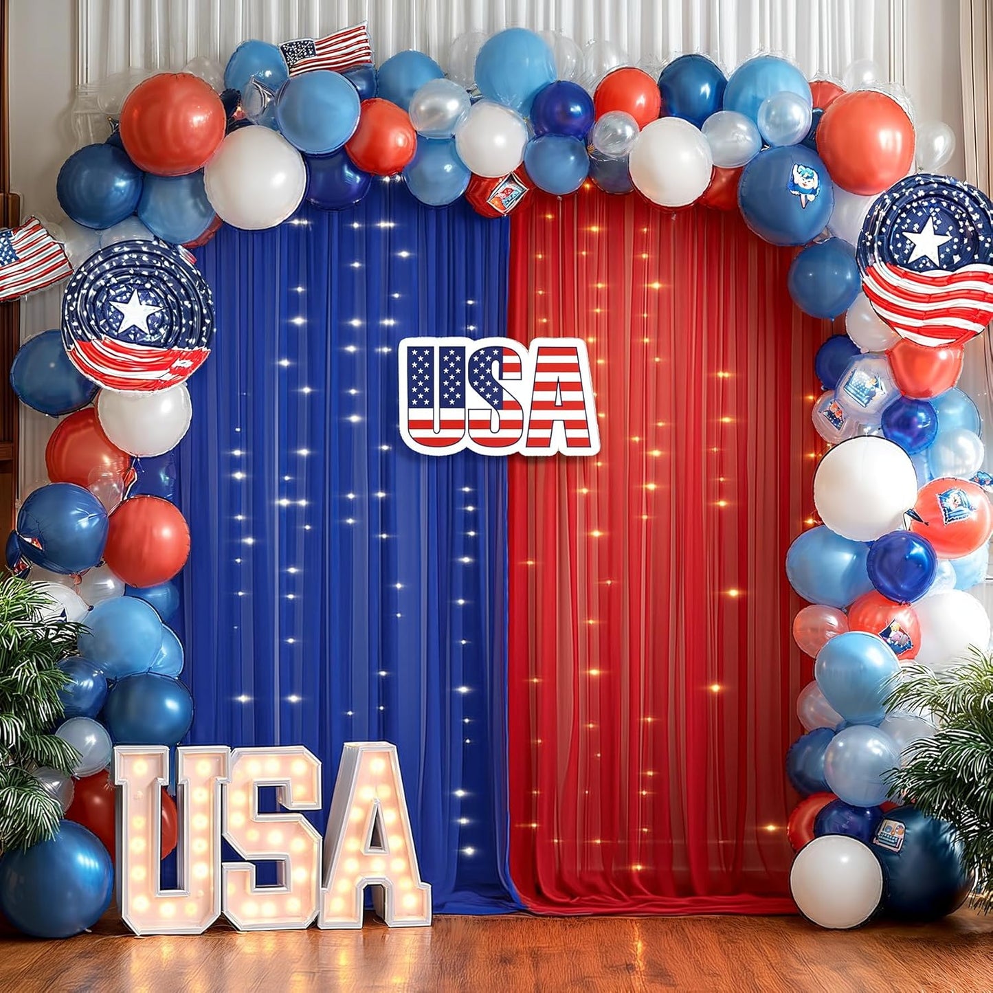 10×10ft Royal Blue Red Tulle Backdrop Curtain with Lights String for Parties, Sheer Photo Backdrop Curtains for Wedding Party Photography Background