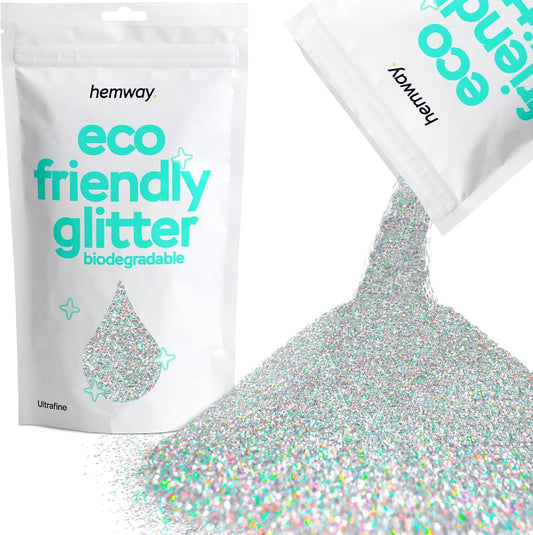 Hemway Eco Friendly Biodegradable Glitter 100g / 3.5oz Bio Cosmetic Safe Sparkle Vegan for Face, Eyeshadow, Body, Hair, Nail and Festival Makeup - Ultrafine (1/128" 0.008" 0.2mm) - Silver Holographic