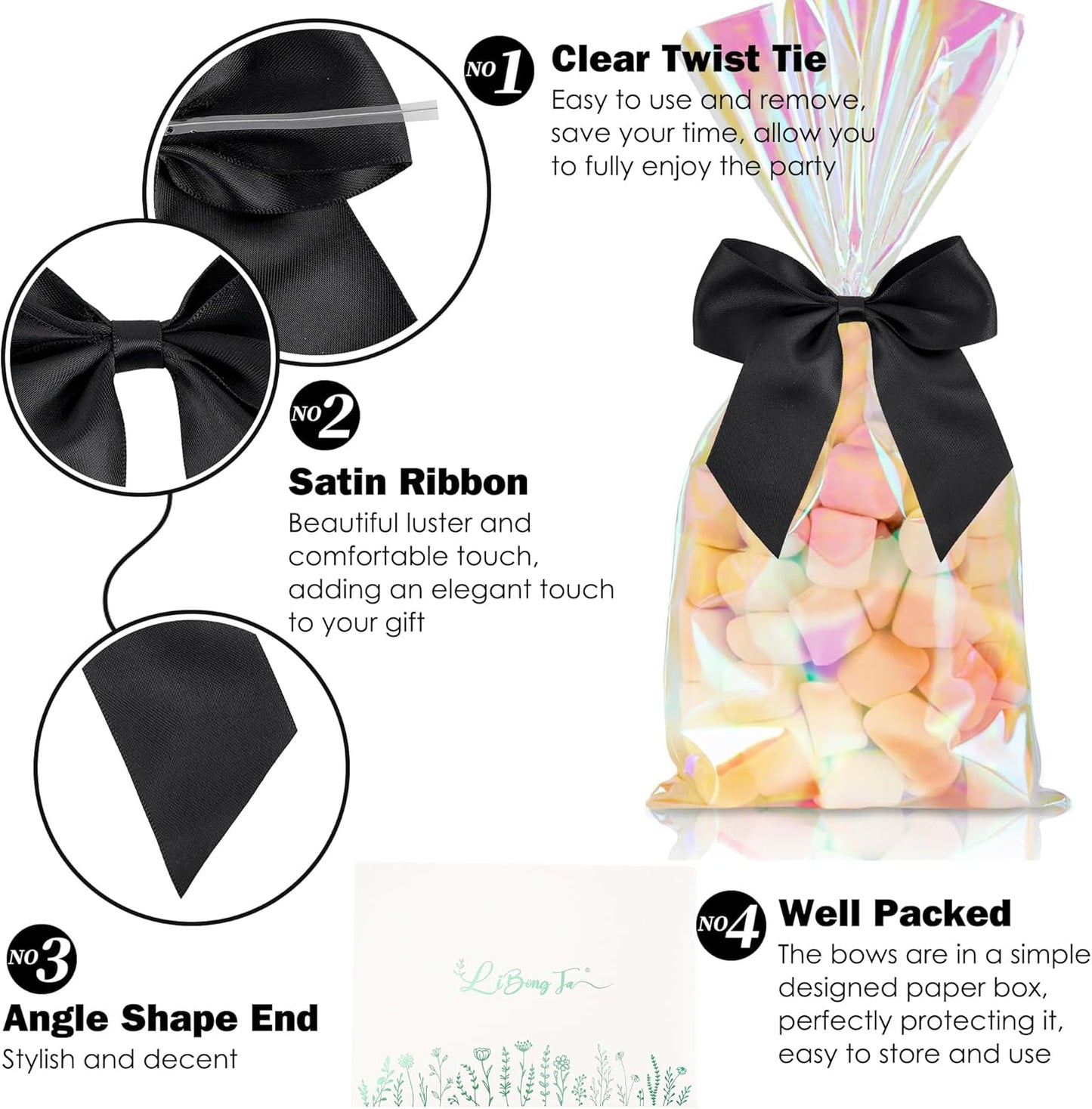 4.5" Satin Ribbon Black Bows for Gift Wrapping, Twist Tie Bows, Cute Bows for Crafts, Party Favors, Premade Bows Pre-Tied Decorative Bows for Flower Bouquets Candy Apple Bows-24 Counts