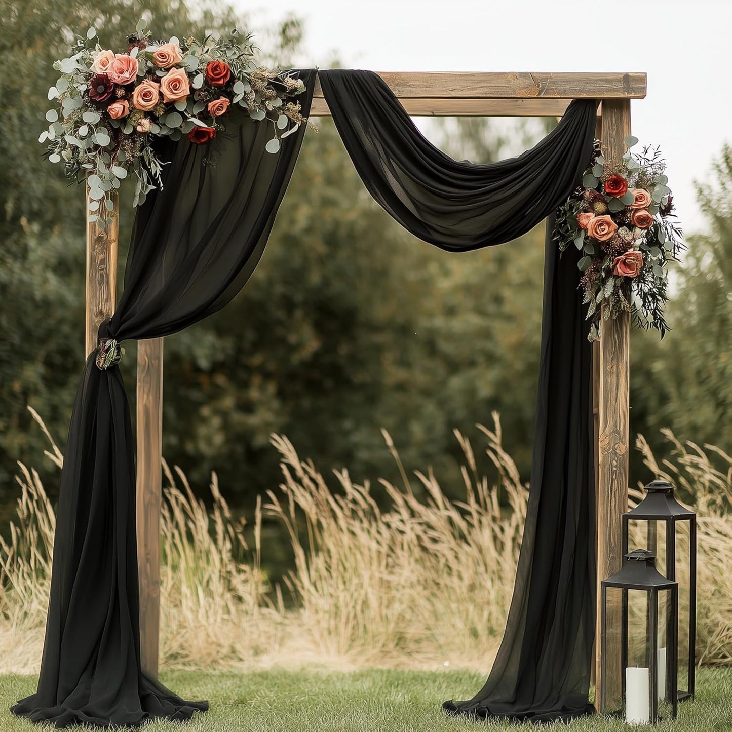 Wedding Arch Draping Fabric 6 Panels 28.7" x 20FT Black Sheer Chiffon Backdrop Drapes for Wedding Ceremony Birthday Party Bridal Shower Outdoor Decoration