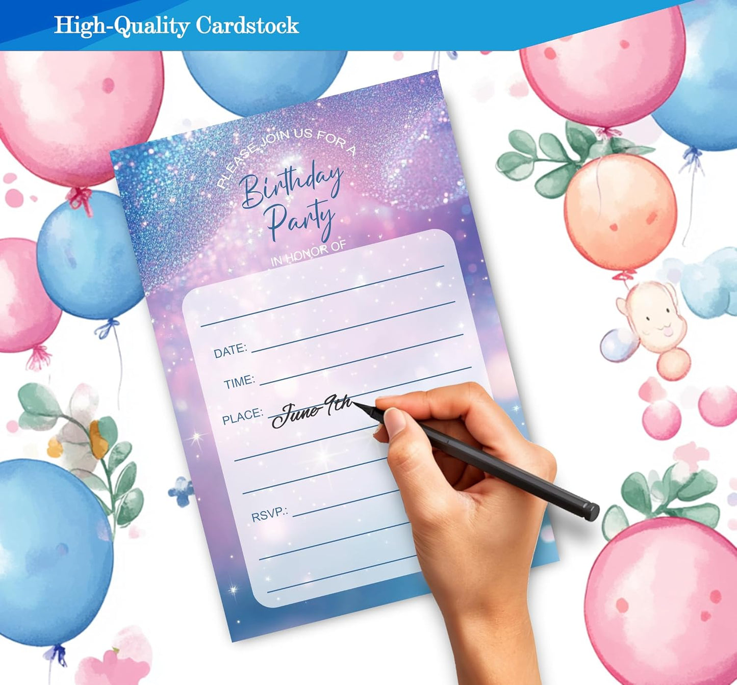 Simple You're Invited Girls Birthday Invitations for Girls, Teal Purple Birthday Party Invitaions for Party Invites, 4x6 Inches, 30 Sets with Envelopes