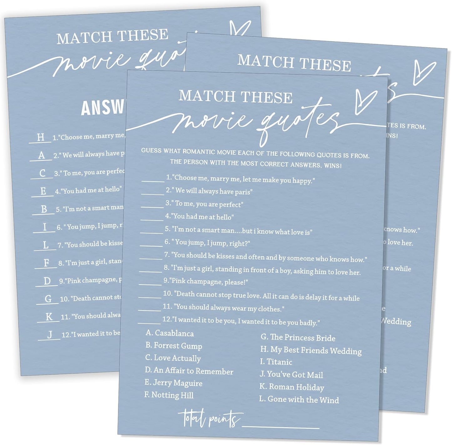 Fun Bridal Shower Games Match These Movie Quotes for Engagement Party Wedding Games 25 Game Cards with 1 Answer Card for 25 Guests Minimalist Blue Wedding Party Entertainment Supplies - B02