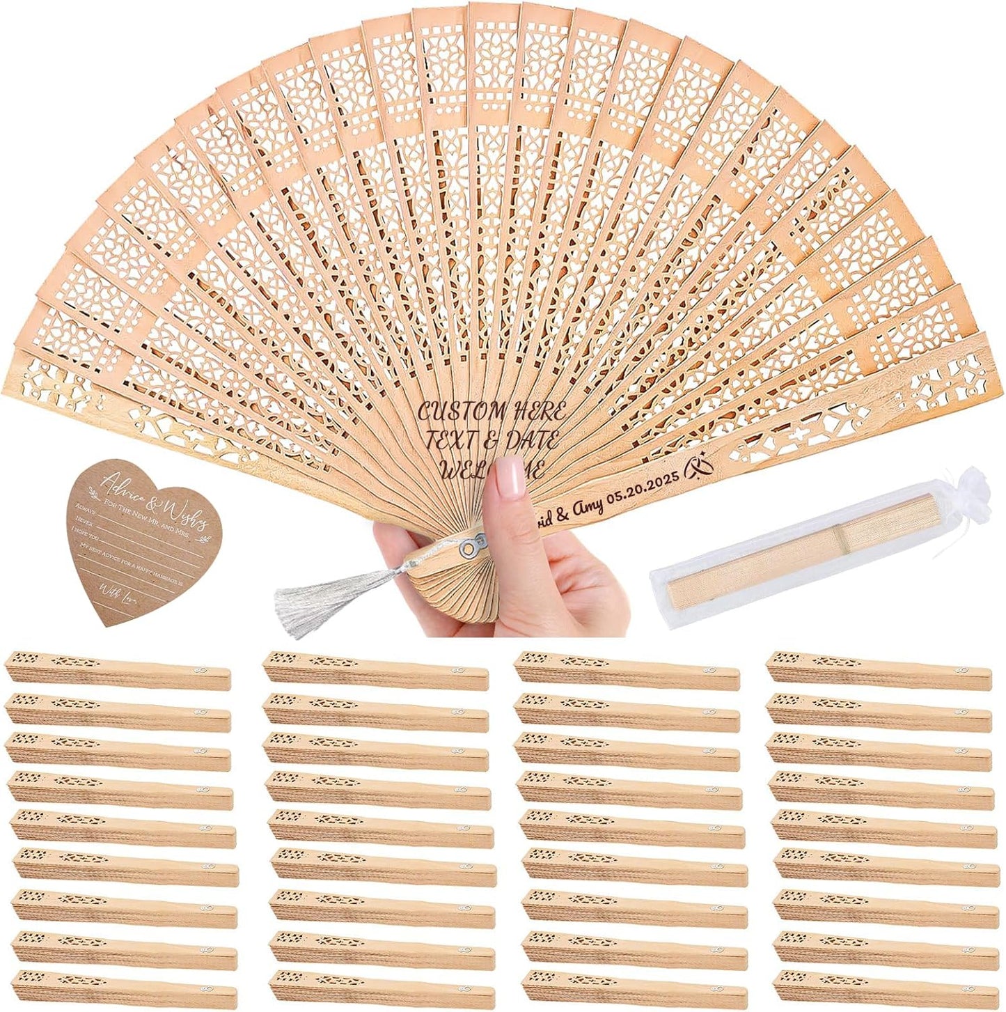 20pcs Personalized Wedding Fans for Guests - Custom Wooden Hand Fans with Names/Dates - Bulk Wedding Favors for Bridal Shower, Baby Shower & Parties (Wood, 20pcs)