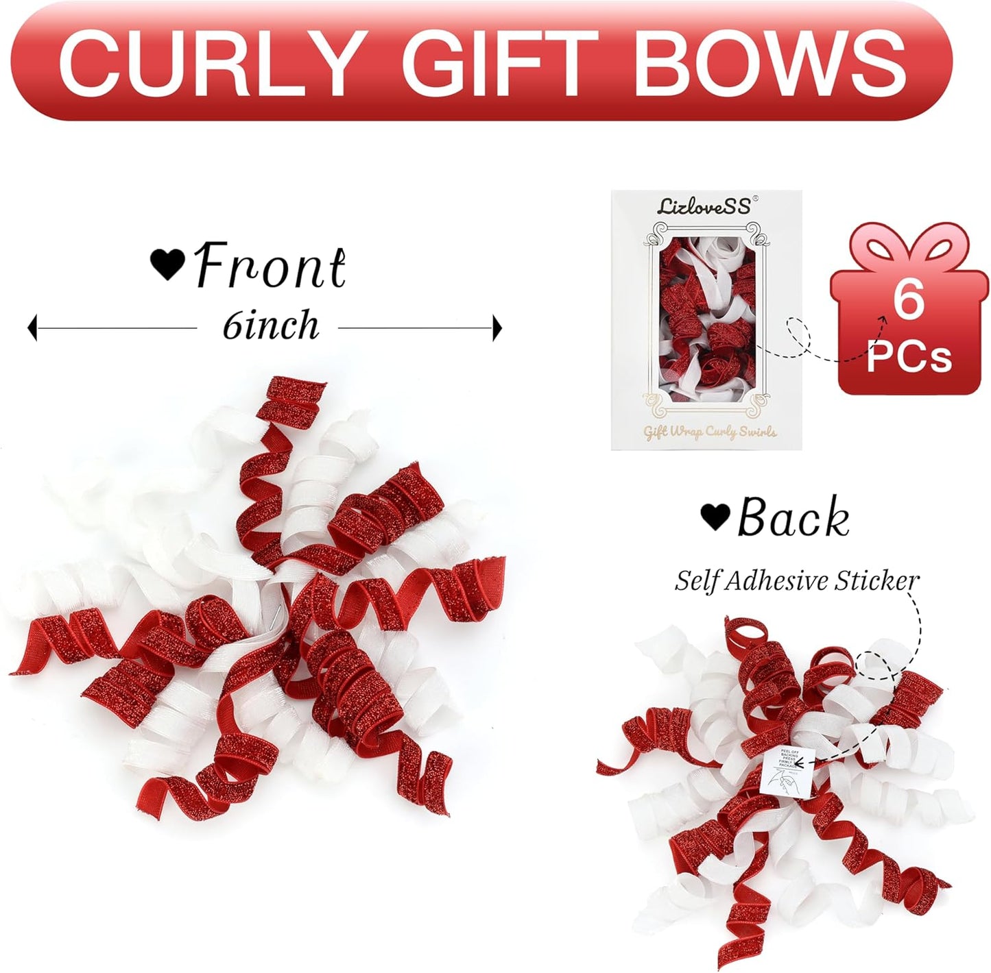 6" Metallic Glitter Red and White Self Adhesive Curly Ribbon Gift Wrap Bows for Christmas, Holiday, Birthday, Wedding, Presents, Party Favors Decorations 6-Count