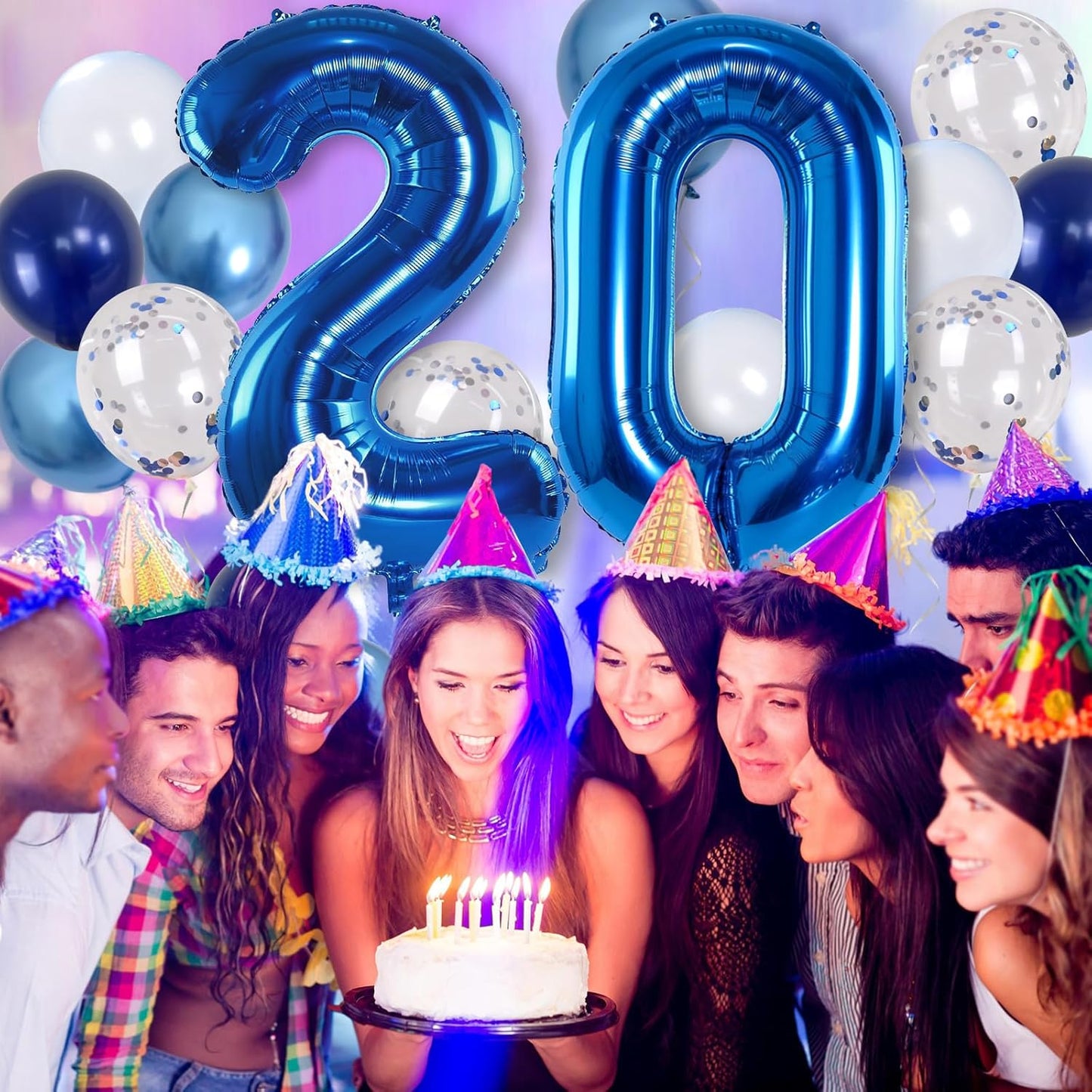 Dark Blue 20" Number 20 Balloon, Metallic Light Navy Blue Silver Confetti Balloon - Self Inflating Helium Foil for Men's 20th Birthday Party Decorations