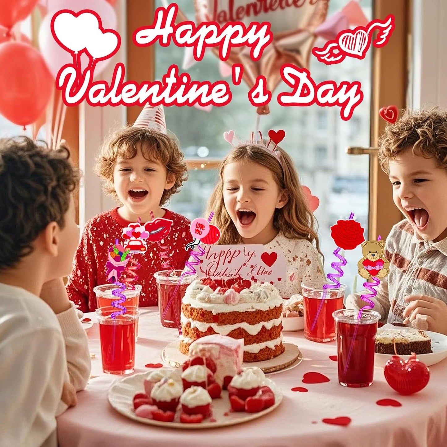 24 Valentines Reusable Party Drinking Straws Birthday Party Supplies Decorations with 2 PCS Cleaning Brushes (Valentines Rose)