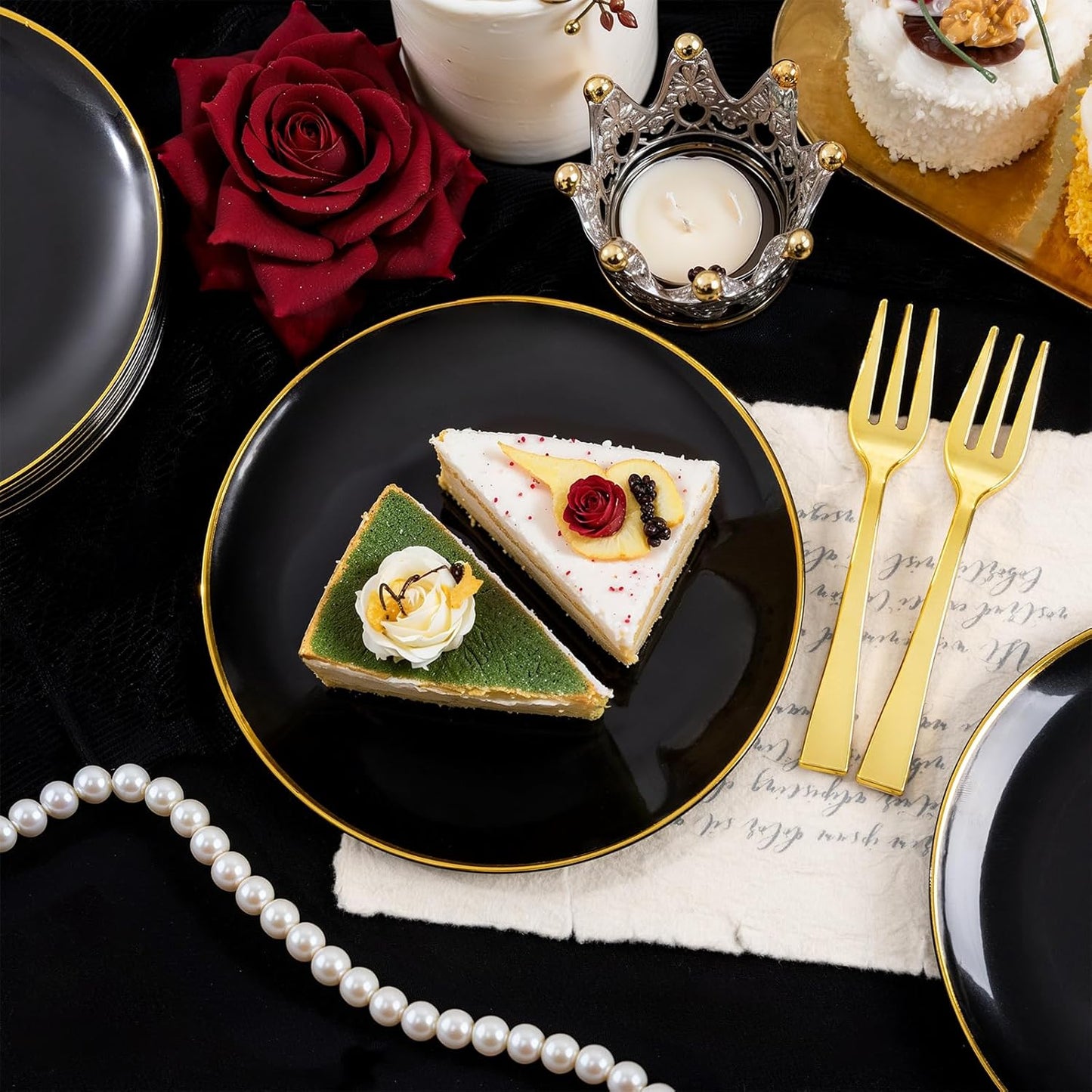 Festiva 200Pcs Black Gold Dessert Plates 6.3" with Plastic Forks 5"- Small Disposable Plates- Dessert/Cake/Appetizer Plastic Plates include 100Plates 100Forks for Christmas Party&Halloween&New Year
