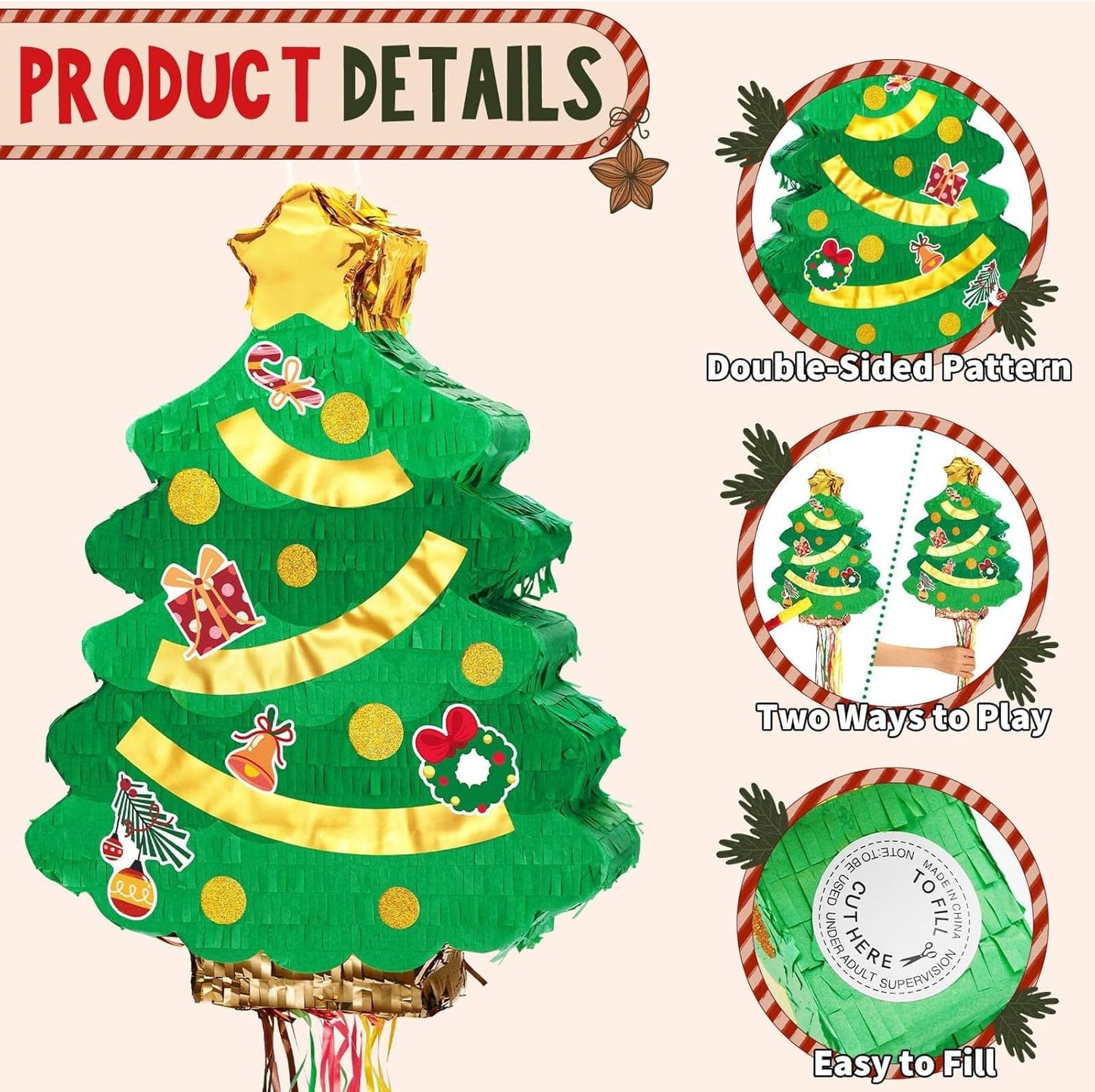WERNNSAI Christmas Tree Pinata - Christmas Decorations XmasTree Party Game for Kids Festival Party Decor Supply Green Tree Design Merry Xmas Favor Pull String with Blindfold Bat 16.5” x 12.4”
