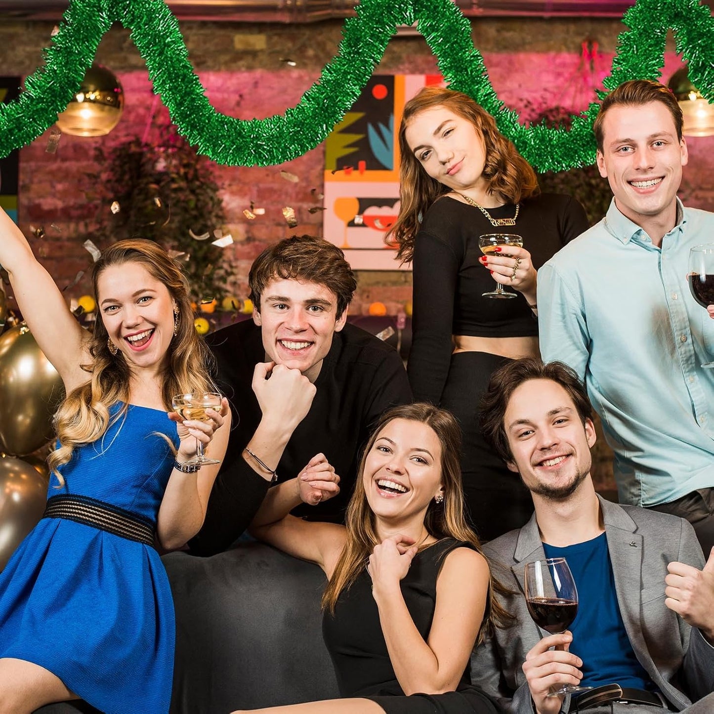 50 Feet Green Christmas Tinsel Garland, Metallic Foil Twist Banner Wall Hanging Tinsel Streamers Backdrop for Parade Floats, Christmas, Mother's Day, Birthday Party Decorations(2in x 50ft)