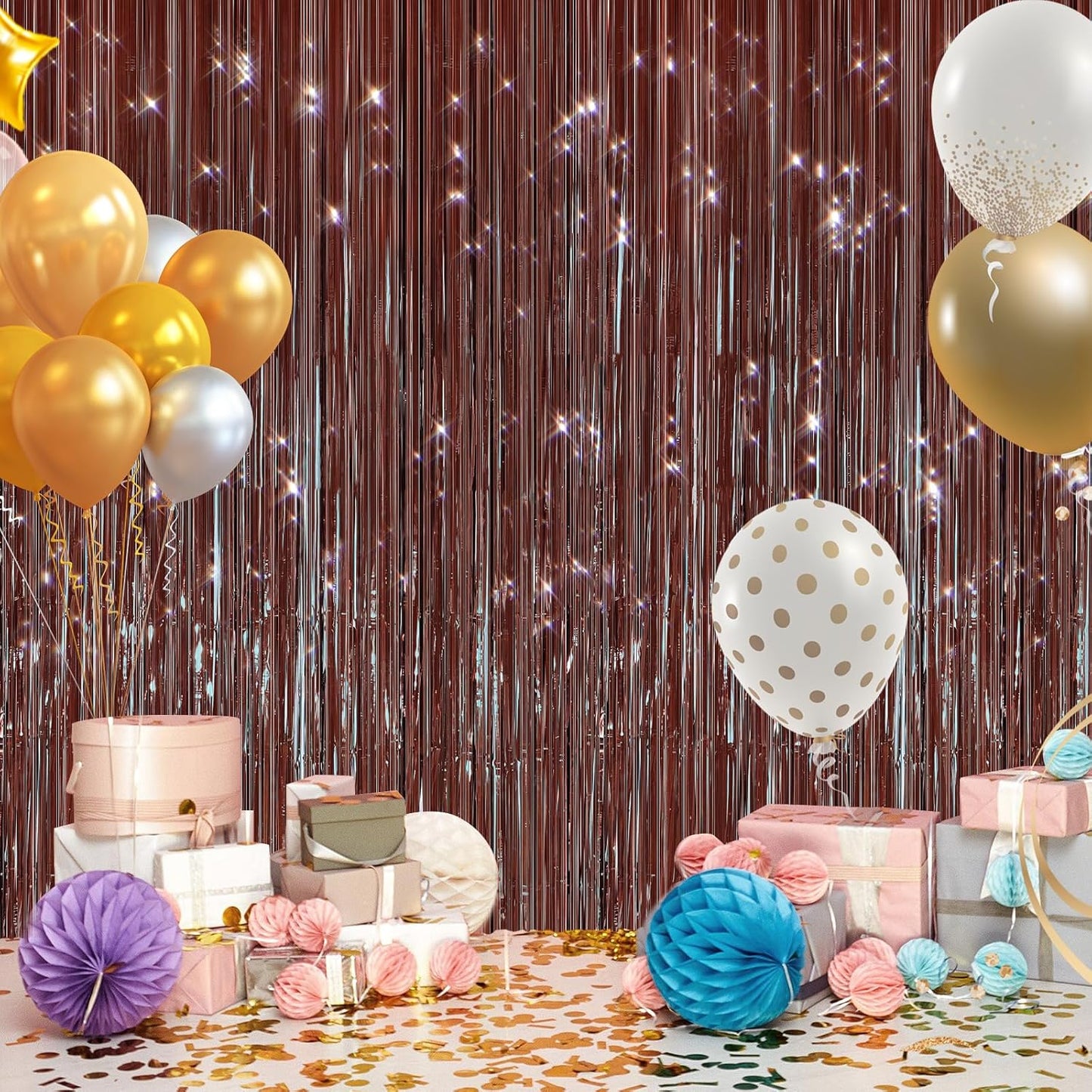 2PCS Coffee Foil Fringe Backdrop Curtains, Brown Tinsel Streamers Birthday Party Decorations, Fringe Backdrop for Graduation, Baby Shower, Gender Reveal, Disco Party Bachelorette Xmas Party Decors