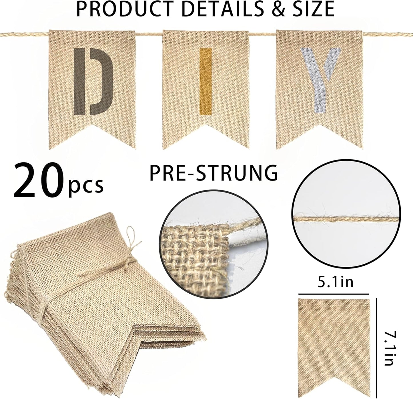 20 PCS Burlap Banner with 27 PCS Letters Stencil DIY Customizable Birthday Party Banners Decorations for Wedding, Camping