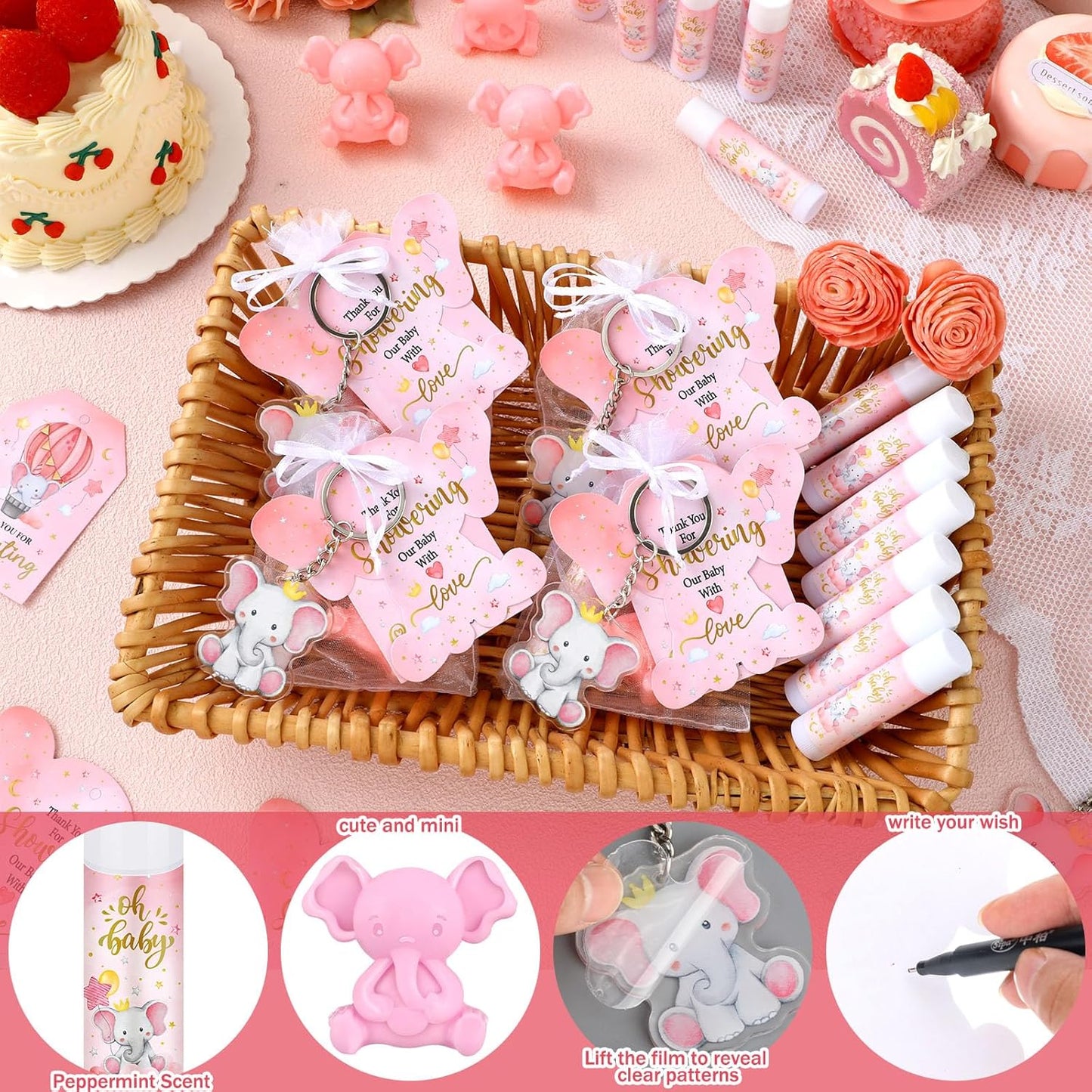 288 Baby Shower Favors Baby Shower Gifts Bulk Lip Balms Soaps Keychains Organza Bags Guest Appreciation Gift with Thank You Tags and Cards for Boys Girls Guest Gift(Pink,Elephant)