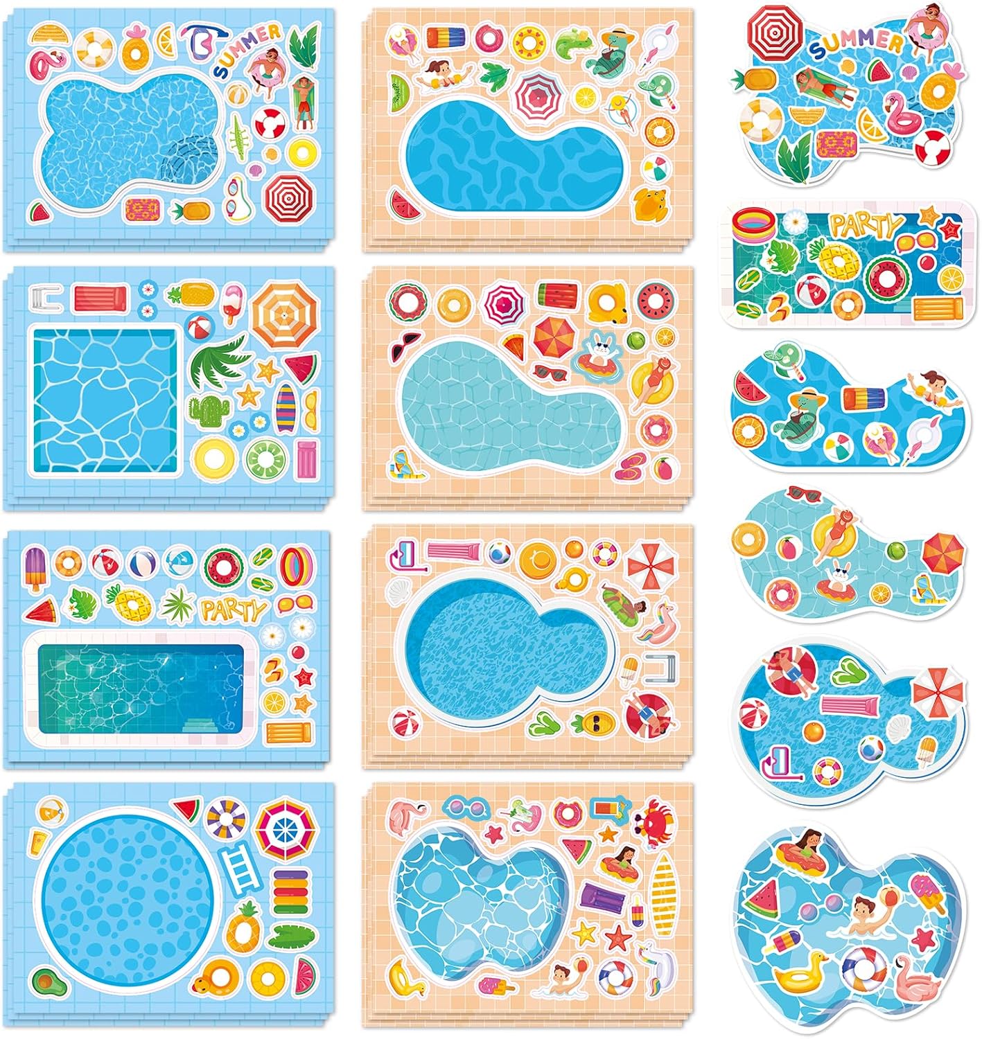 Aowplc 32 Sheets Make‑a‑Pool Stickers for Kids – Mix & Match Craft Kit – Summer Party Favors & Activities