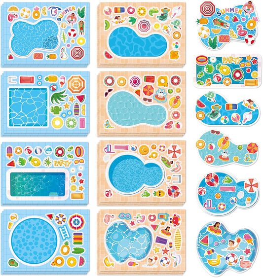 Aowplc 32 Sheets Make‑a‑Pool Stickers for Kids – Mix & Match Craft Kit – Summer Party Favors & Activities