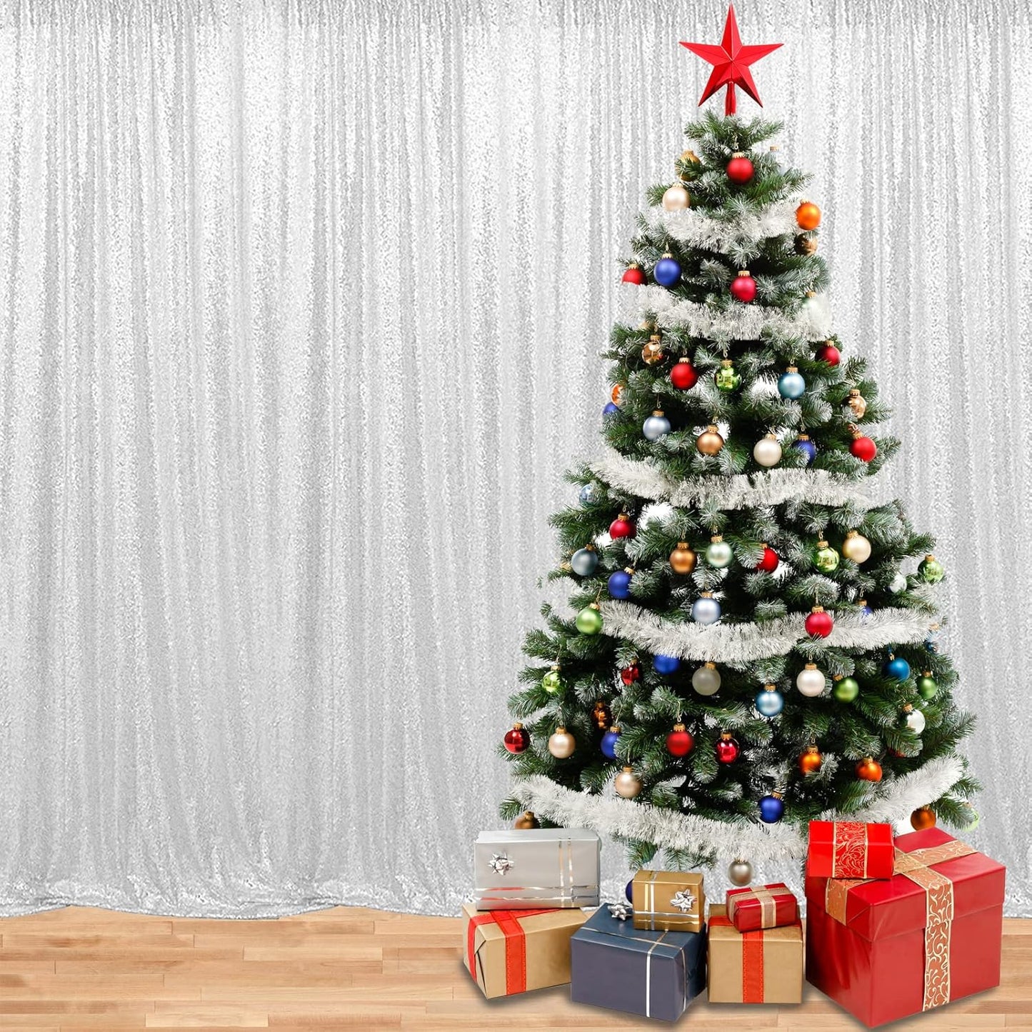 Silver Sequin Backdrop Curtains 8FTx8FT 1 Sequin Backdrop Curtains Panel Sparkly Background Drapes Glitter Photo Background for Wedding Baby Shower Stage Decorations