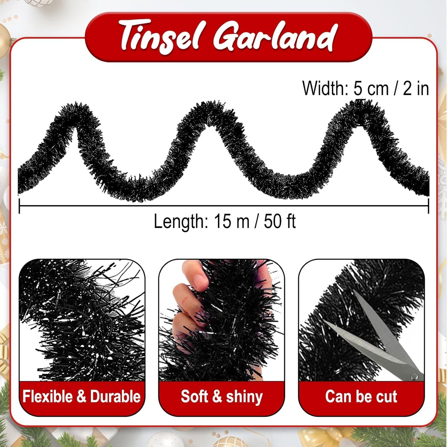 50 Feet Black Christmas Tinsel Garland, Metallic Foil Twist Banner Wall Hanging Tinsel Streamers Backdrop for Parade Floats, Christmas, Mother's Day, Birthday Party Decorations(2in x 50ft)